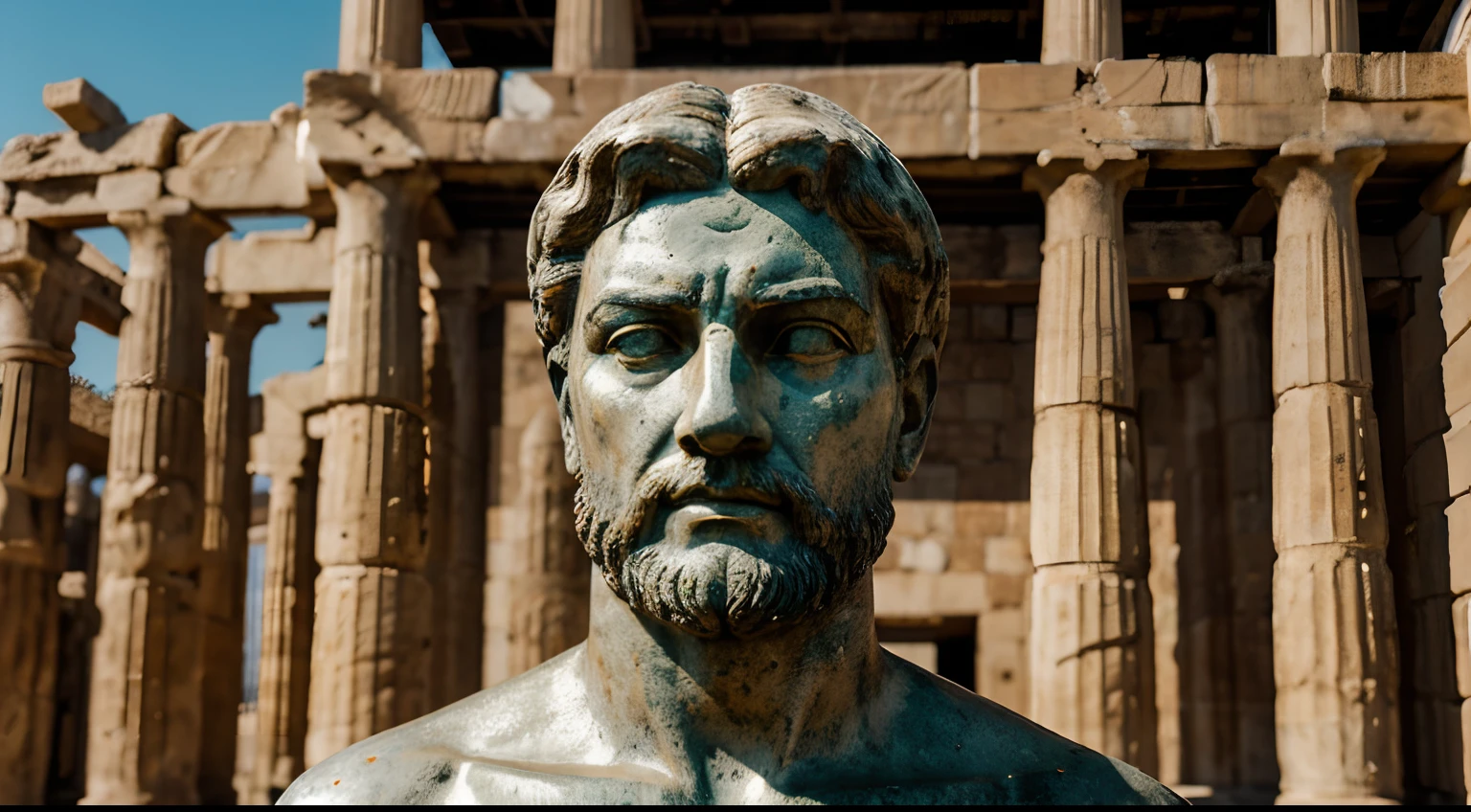 Ancient Stoic Statue With Very Angry Expression, tem barba, muitos detalhes em ambos os olhos, Outside, fundo atenas grego, open sky, com rosto extremamente detalhado full body view, Colors with low saturation with dark tone, Filmado em Sony A7S III com Sony FE 35mm f/1.8, 12.1 MP, --AR 3:2 --estilo cru