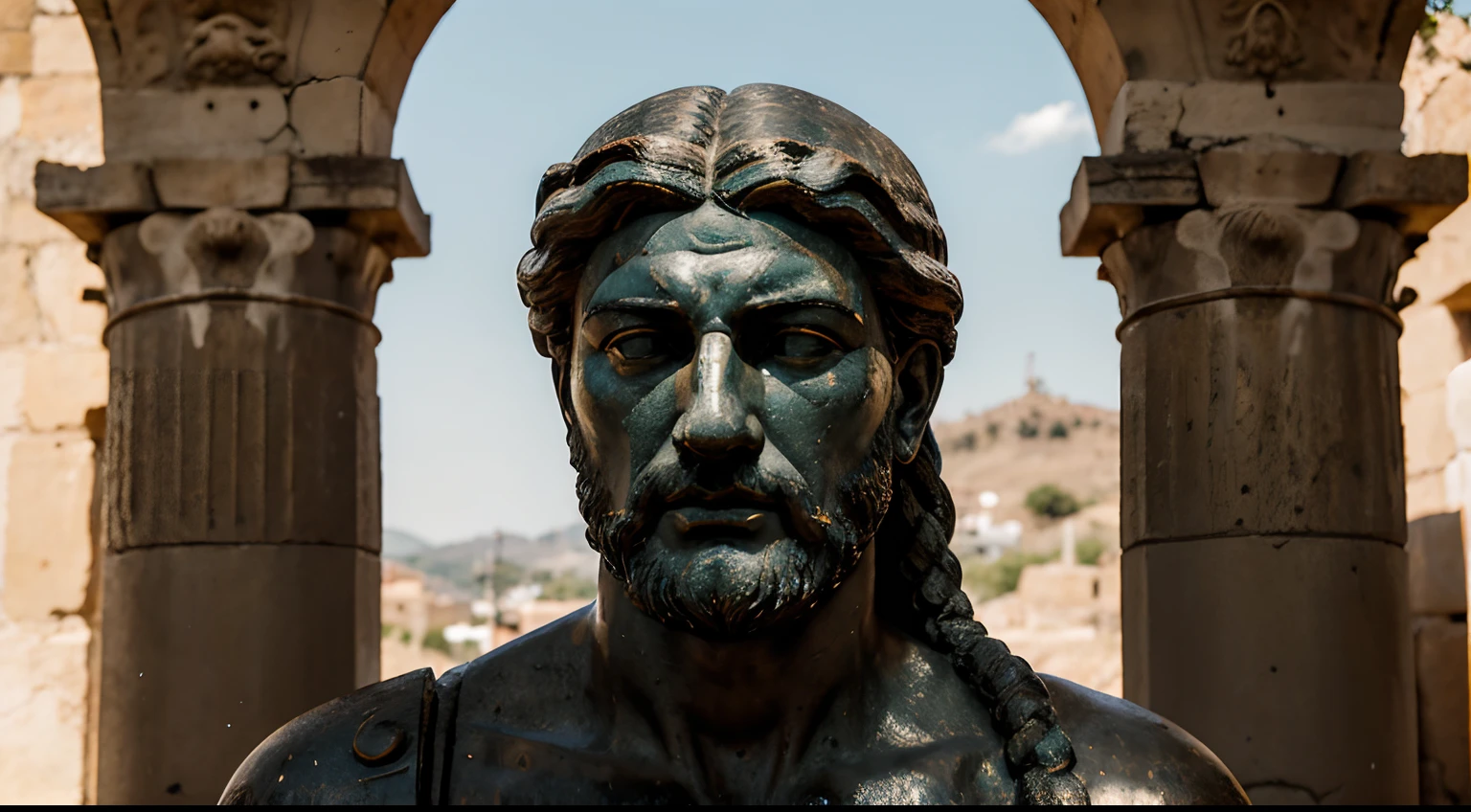 Ancient Stoic Statue With Very Angry Expression, tem barba, muitos detalhes em ambos os olhos, Outside, fundo atenas grego, open sky, com rosto extremamente detalhado full body view, Colors with low saturation with dark tone, Filmado em Sony A7S III com Sony FE 35mm f/1.8, 12.1 MP, --AR 3:2 --estilo cru