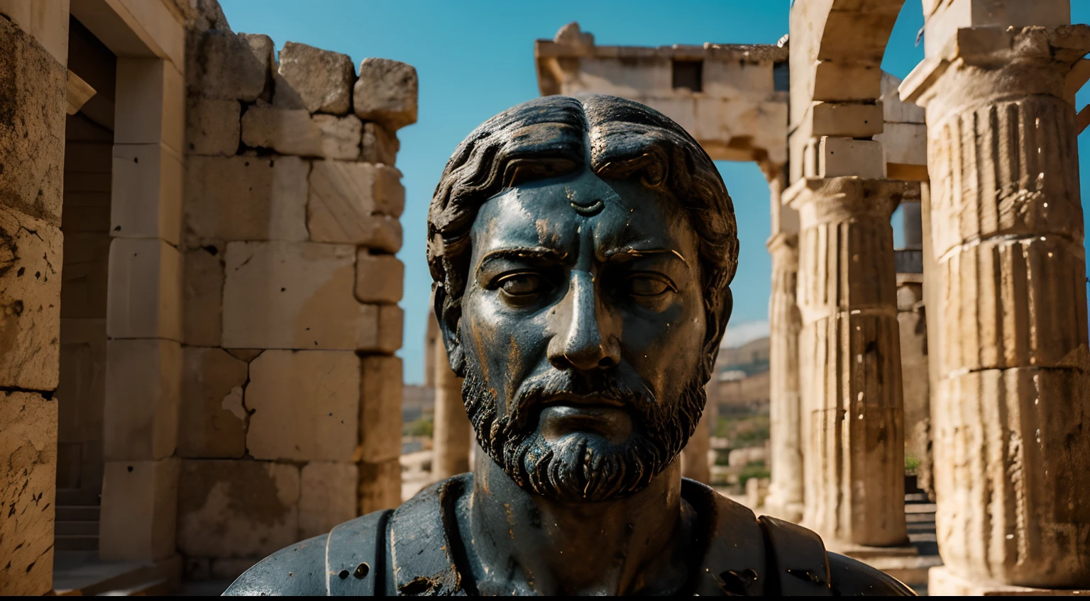 Ancient Stoic Statue With Very Angry Expression, tem barba, muitos detalhes em ambos os olhos, Outside, fundo atenas grego, open sky, com rosto extremamente detalhado full body view, Colors with low saturation with dark tone, Filmado em Sony A7S III com Sony FE 35mm f/1.8, 12.1 MP, --AR 3:2 --estilo cru