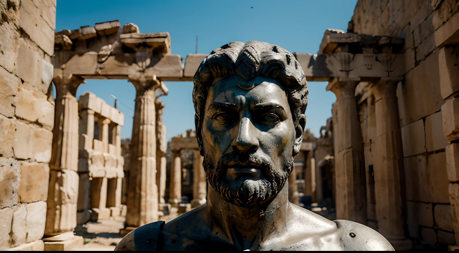 Ancient Stoic Statue With Very Angry Expression, tem barba, muitos detalhes em ambos os olhos, Outside, fundo atenas grego, open sky, com rosto extremamente detalhado full body view, Colors with low saturation with dark tone, Filmado em Sony A7S III com Sony FE 35mm f/1.8, 12.1 MP, --AR 3:2 --estilo cru