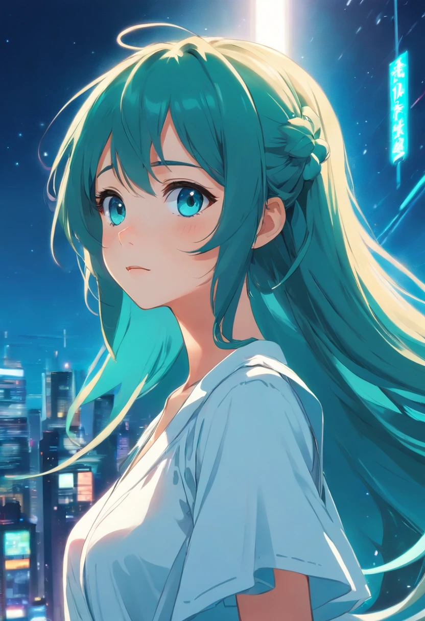 girl, teal eyes, white dress, long hair with pigtails