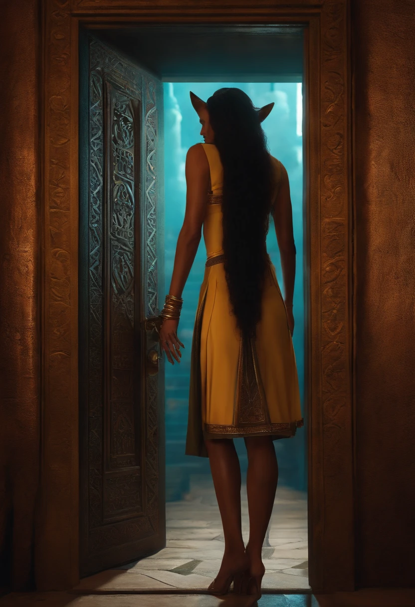Tres personajes: (1st Character) Anubis habando con una (2nd Character) mujer, mientras otra (3rd Character) Woman is behind a door watching them, muestra su cabeza saliendo de un lugar d ela puerta como espiando