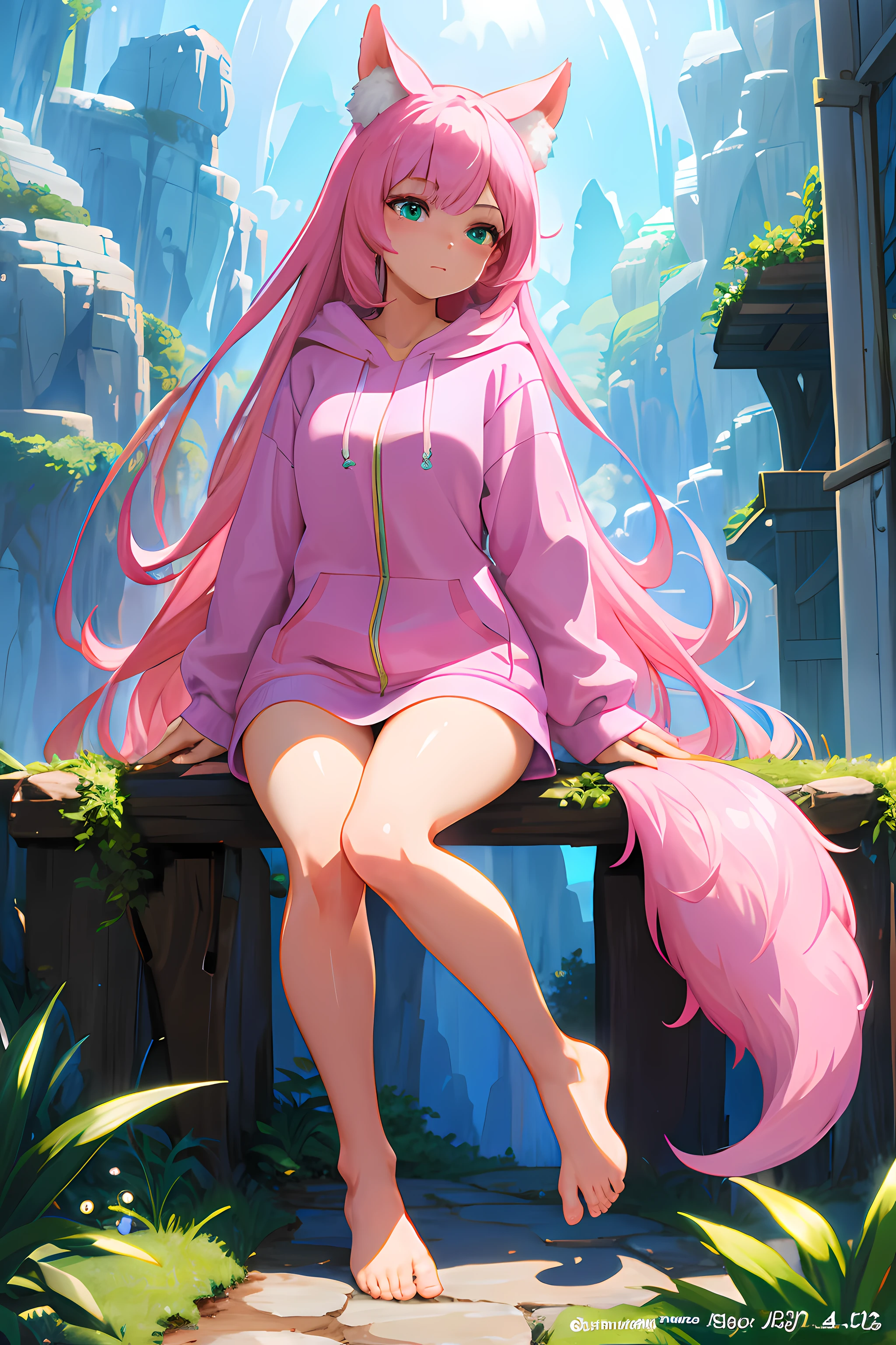 masterpiece, 1girl, a short girl in a pink hoodie and shorts, barefoot with a fox tail, pink fox, foxgirl, very_long_hair, (pink hair1.4), green eyes, volumetric lighting, beautiful face, hyper realistic eyes, fantasy art, beautiful detailed eyes, intricate, hyper detailed, smooth, highly detailed, character design, concept art, divine, elegant, soft, unreal engine, bokeh, raytracing, lumen reflections, dramatic lighting, Ultra-HD, full body picture, in the style of Studio Ghibli,
