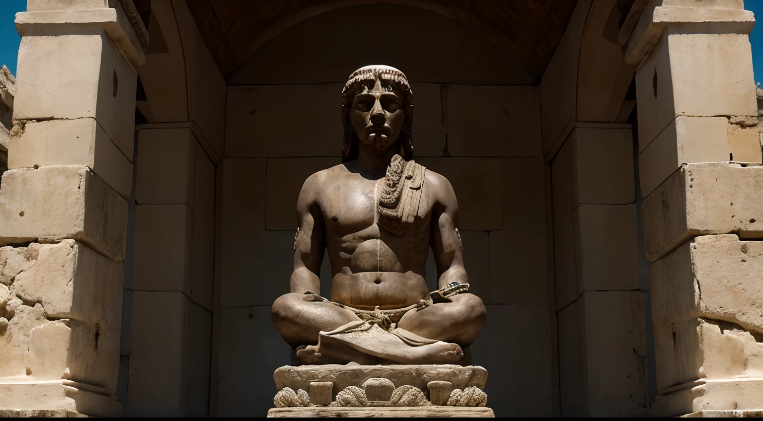 Ancient Stoic Statue With Very Angry Expression, tem barba, muitos detalhes em ambos os olhos, Outside, fundo atenas grego, open sky, com rosto extremamente detalhado full body view, Colors with low saturation with dark tone, Filmado em Sony A7S III com Sony FE 35mm f/1.8, 12.1 MP, --AR 3:2 --estilo cru