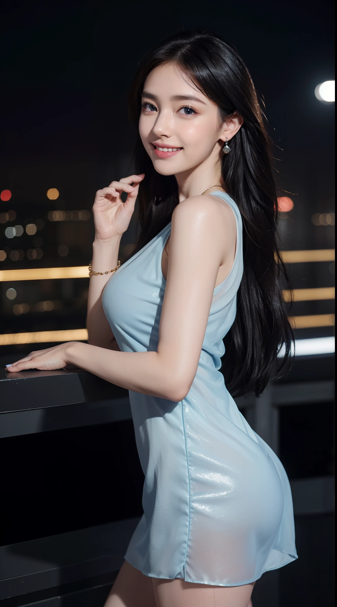 8k, masterpiece, RAW photo, best quality, photorealistic, extremely detailed CG unity 8k wallpaper, Depth of field, Cinematic Light, Lens Flare, Ray tracing, (extremely beautiful face, beautiful lips, beautiful eyes), intricate detail face, ((ultra detailed skin)) 1girl, in the dark, deep shadow, pretty asian girl, ((looking at viewer)),(big smile), (blurry background), midnight, (pretty girl), earrings, bracelets, necklace, clear eyes, (pale skin), face forward, (big eyes), (looking at viewer), large breasts ,((smile)), rooftop, dim lights, ((night)), cityscape, blue eyes, golden dress, mini dress, open breast, veranda, very slim, (medium butt), see through dress, thick thighs