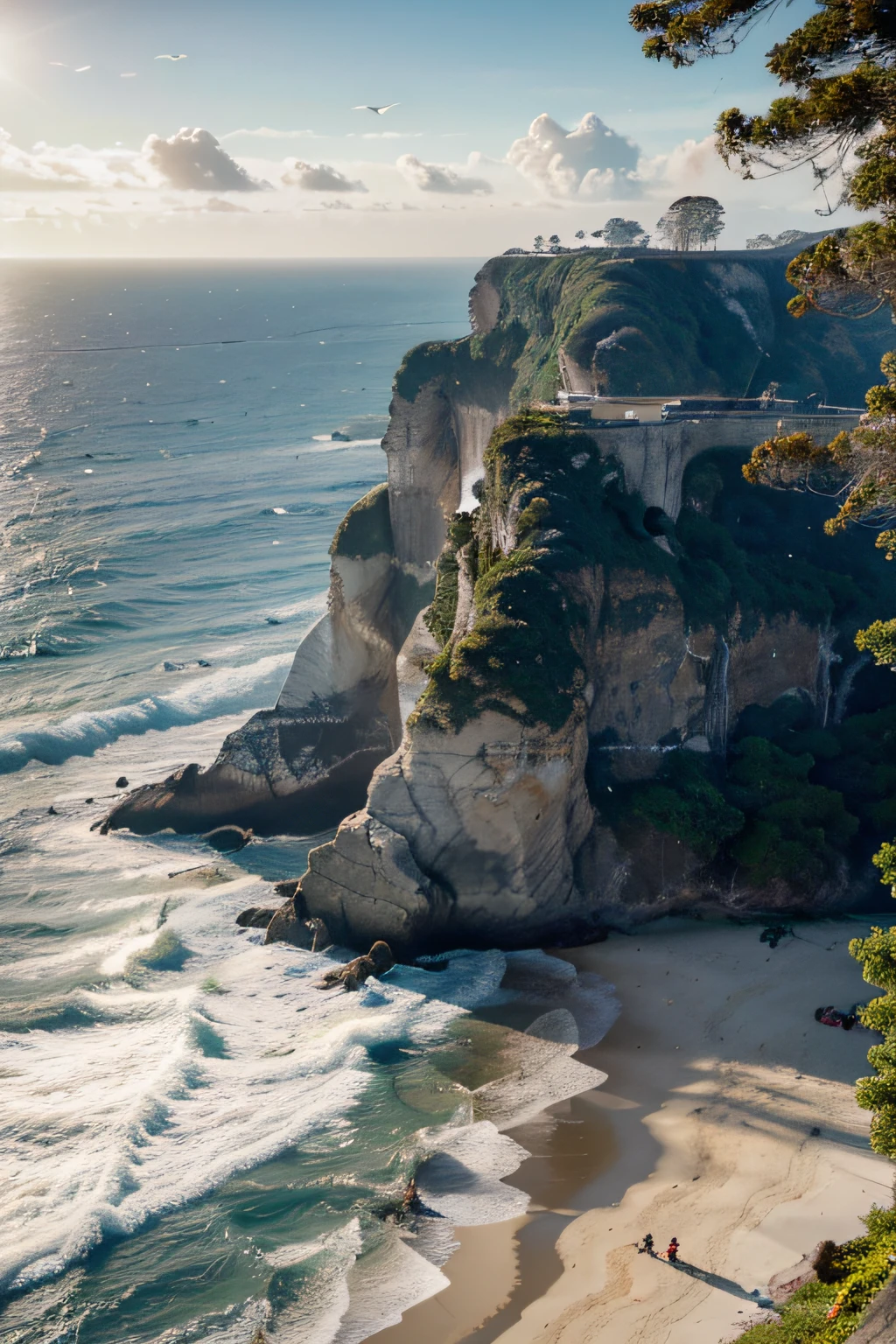 (a)waterfall,(a)beach,ocean waves,lush greenery,refreshing breeze,serene atmosphere,sunlight filtering through trees,splashing water,distant sound of crashing waves,sandy shore,sun-kissed rocks,crystal clear water,glistening droplets on foliage,flock of seagulls soaring,reflection of sky in water,dynamic motion of waves,sparkling foam,tranquil horizon,line of coconut palm trees,surfers riding waves,smooth pebbles on shoreline,tropical paradise,natural beauty,majestic cliffs,invigorating energy,(best quality,4k,8k,highres,masterpiece:1.2),ultra-detailed,realistic:1.37,HDR,UHD,vivid colors,physically-based rendering,lively atmosphere,hint of warm sunlight,rich color palette,subtle hues,dynamic lighting.