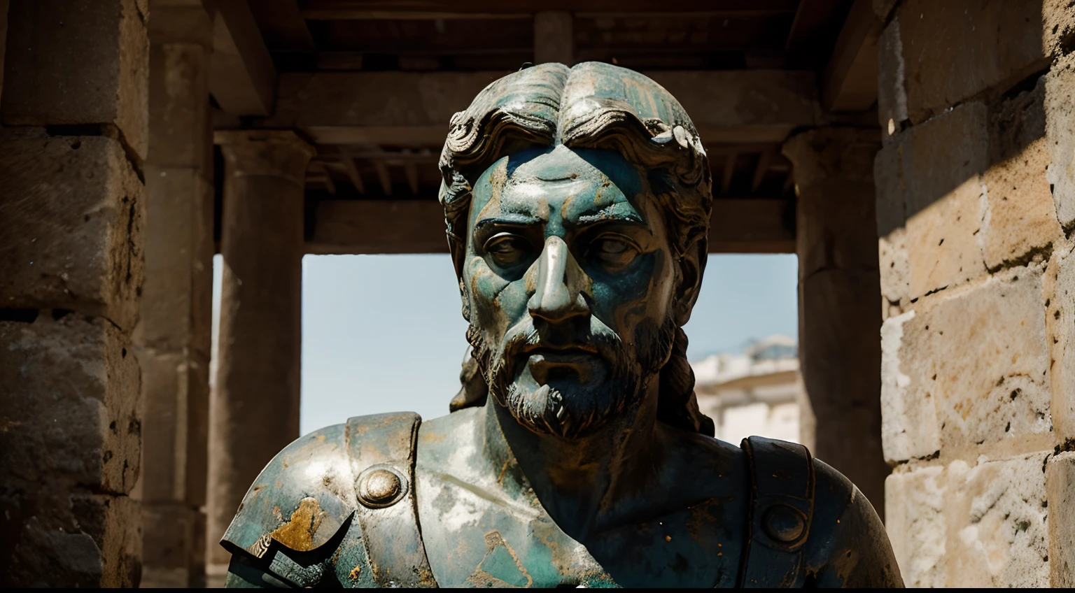 Ancient Stoic Statue With Very Angry Expression, tem barba, muitos detalhes em ambos os olhos, Outside, fundo atenas grego, open sky, com rosto extremamente detalhado full body view, Colors with low saturation with dark tone, Filmado em Sony A7S III com Sony FE 35mm f/1.8, 12.1 MP, --AR 3:2 --estilo cru