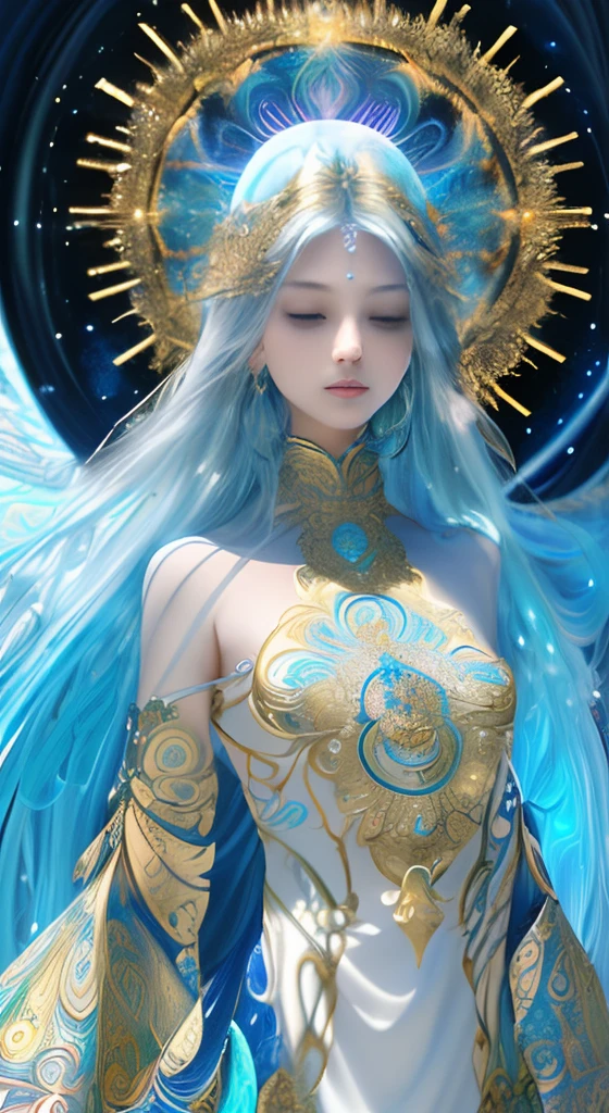 Generates beautiful images depicting spiritual beings and mystical connections, Symbolizes spiritual energy、It is necessary to embody a sense of holiness. Design that exudes tranquility and mystery, Embrace spiritual symbols and sacred light. Pay attention to details such as skin color, attire, Eta、Hairstyles that match the spiritual atmosphere. Additionally, Use a gentle color palette, Emphasize sacred colors such as blue and gold.""(tmasterpiece, top-quality, of the highest quality, offcial art, Beautiful and aesthetic:1.2), (girl with:1.3), ighly detailed,(s fractal art:1.2), Colorful, highest details,(Zentangle:1.2), (Dynamic gestures), (Abstract background:1.5), (shift dresses:1.2), (Shiny skin), (Many colors:1.4), Upper body"