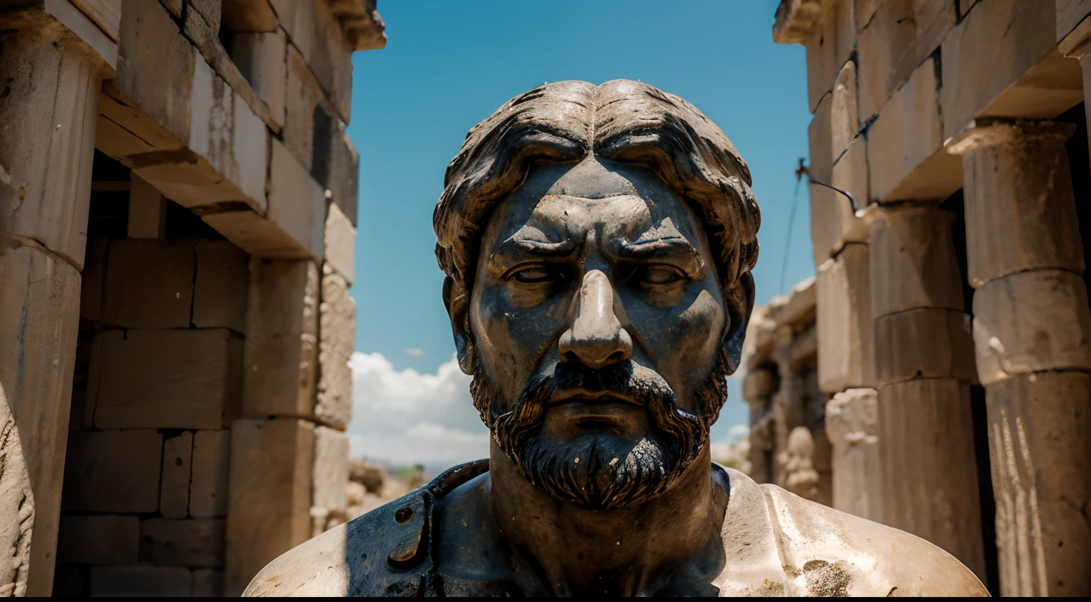 Ancient Stoic Statue With Very Angry Expression, tem barba, muitos detalhes em ambos os olhos, Outside, fundo atenas grego, open sky, com rosto extremamente detalhado full body view, Colors with low saturation with dark tone, Filmado em Sony A7S III com Sony FE 35mm f/1.8, 12.1 MP, --AR 3:2 --estilo cru
