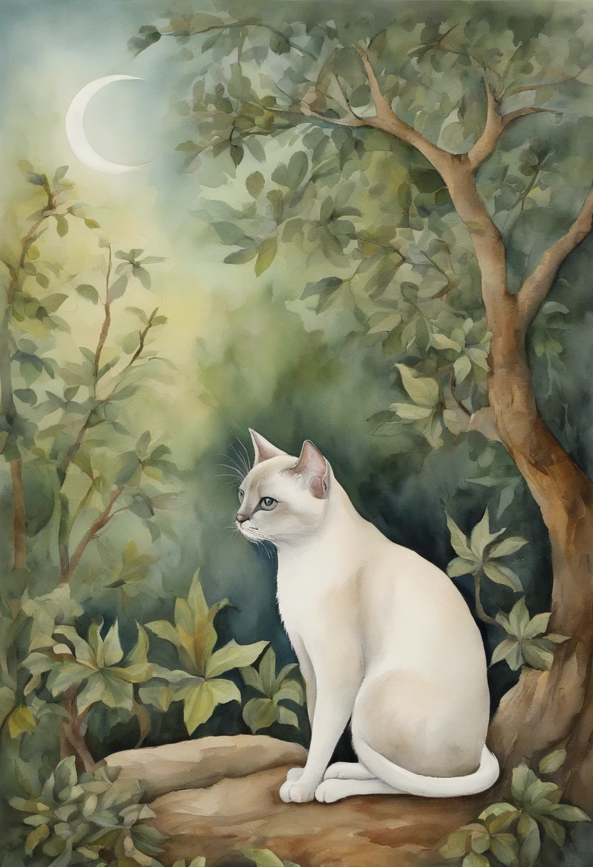 ​masterpiece、top-quality、morning、Siamese cat、middle aged man、a moon、the woods