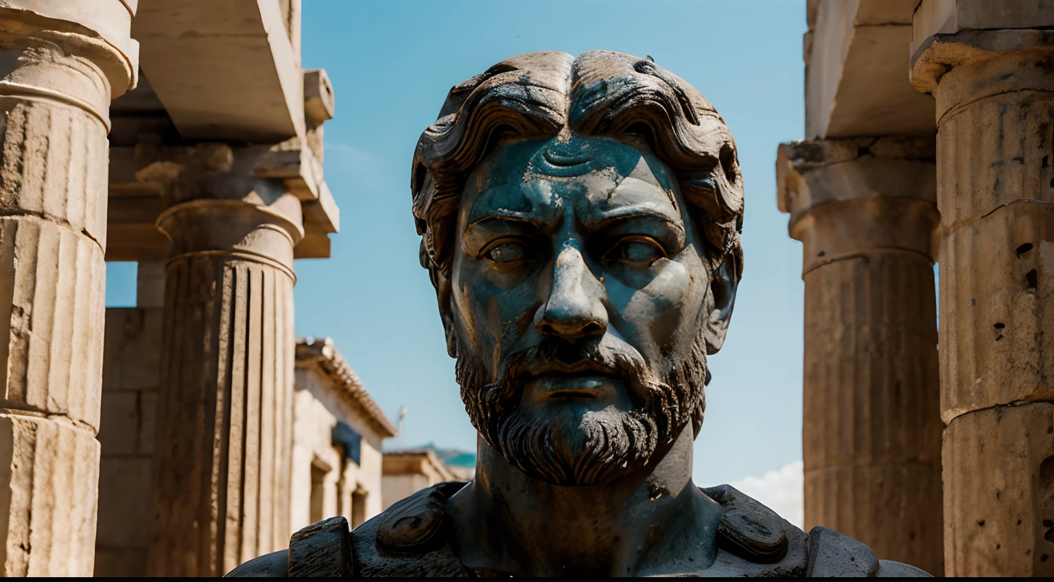 Ancient Stoic Statue With Very Angry Expression, tem barba, muitos detalhes em ambos os olhos, Outside, fundo atenas grego, open sky, com rosto extremamente detalhado full body view, Colors with low saturation with dark tone, Filmado em Sony A7S III com Sony FE 35mm f/1.8, 12.1 MP, --AR 3:2 --estilo cru