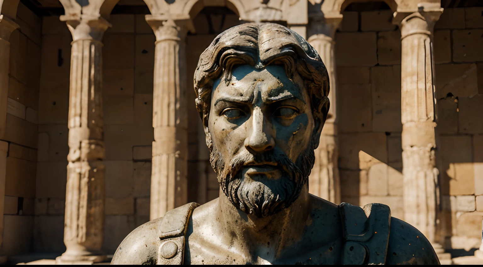 Ancient Stoic Statue With Very Angry Expression, tem barba, muitos detalhes em ambos os olhos, Outside, fundo atenas grego, open sky, com rosto extremamente detalhado full body view, Colors with low saturation with dark tone, Filmado em Sony A7S III com Sony FE 35mm f/1.8, 12.1 MP, --AR 3:2 --estilo cru