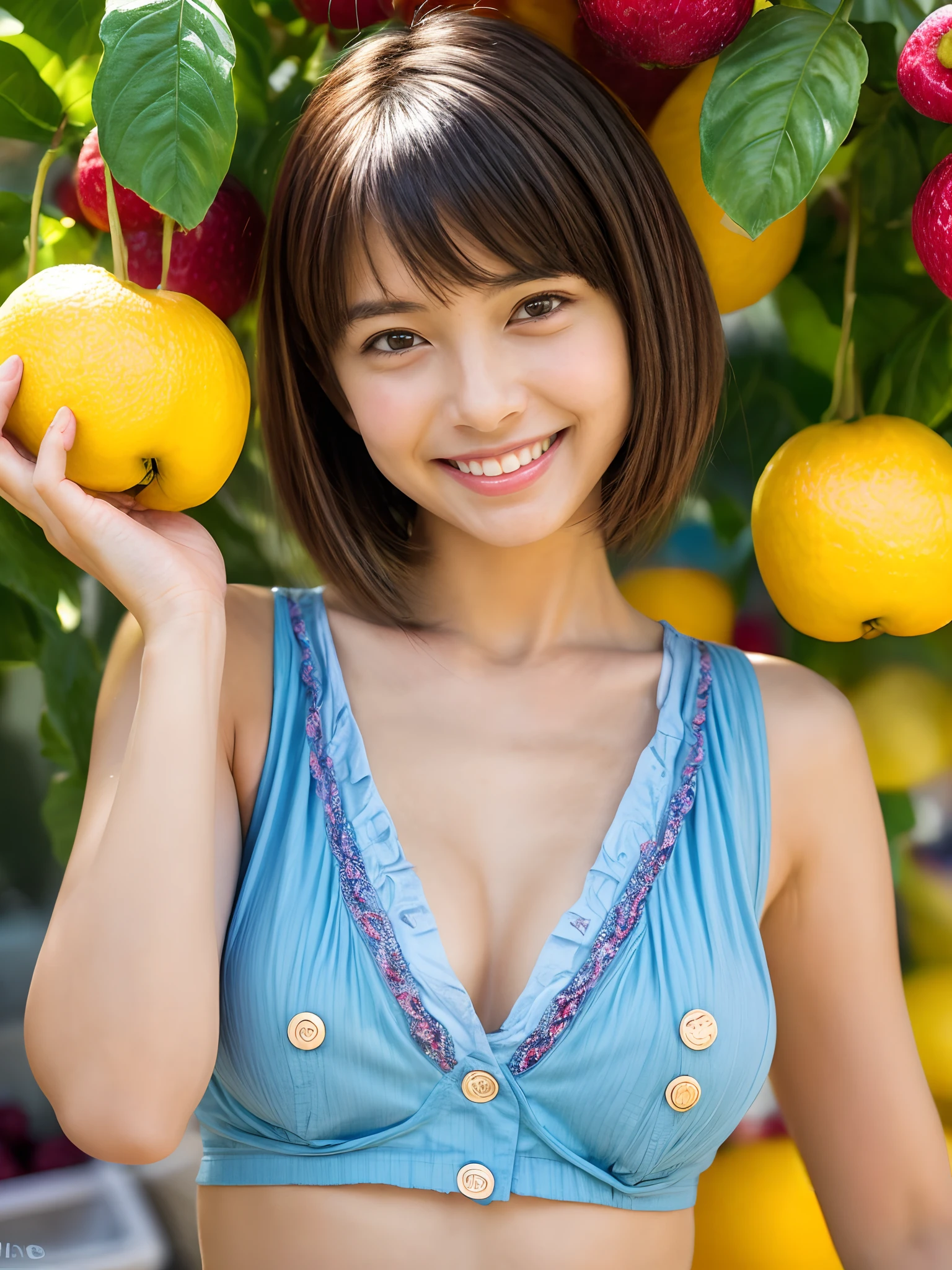 NSFW, 8K RAW photo, highest quality, masterpiece, Super high resolution, movieグレイン, ((Exposing white micro bikini)).movie, 1 girl, looking at the viewer, Natural skin texture very heavy chest))),Realistic eye and face details, lip whole, lipstick makeup), Red Eyeshadow, fluffy ponytail hair, hair is dirty, laughter, 美foot, tall woman, skin, slim_foot, solo, huge breasts, cleavage, buttocks, shirt,, Around the flower position, (detailed background,露出度の高い白いshirt, huge breasts, cleavage, low person, blurred background, Plaid, short sleeve, ((JK with a yellow ribbon wrapped around her neck))),big JK ribbon, brown hair, bracelet, water, bangs, gem, split lips,, Depth of bounds written、armpit、beautiful hip line、Flower blooming park background、beautiful sea、look at the audience、
