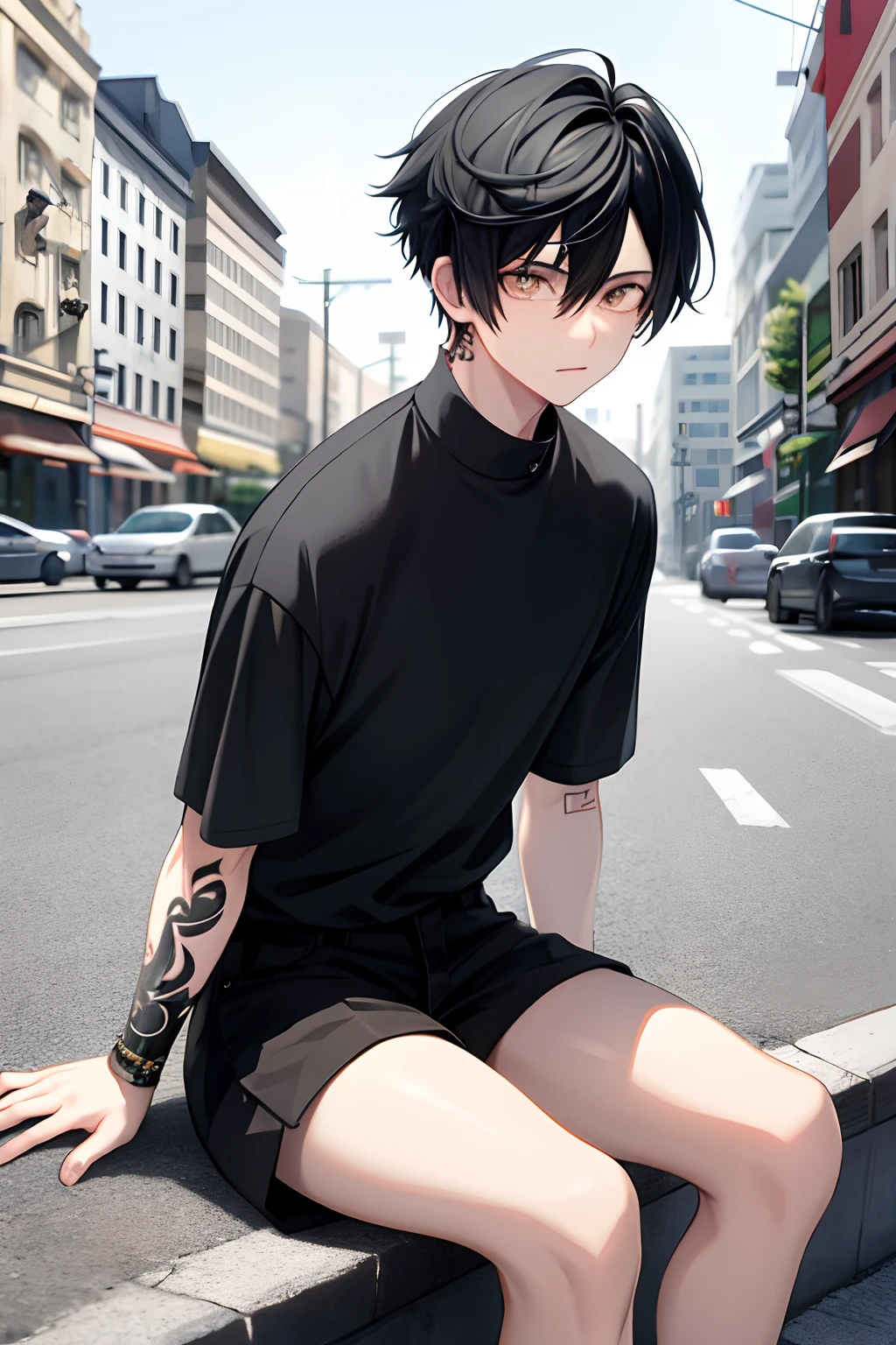 Kpop Boy with tattoo, black hair, fade cut, poser, sitting, outside street