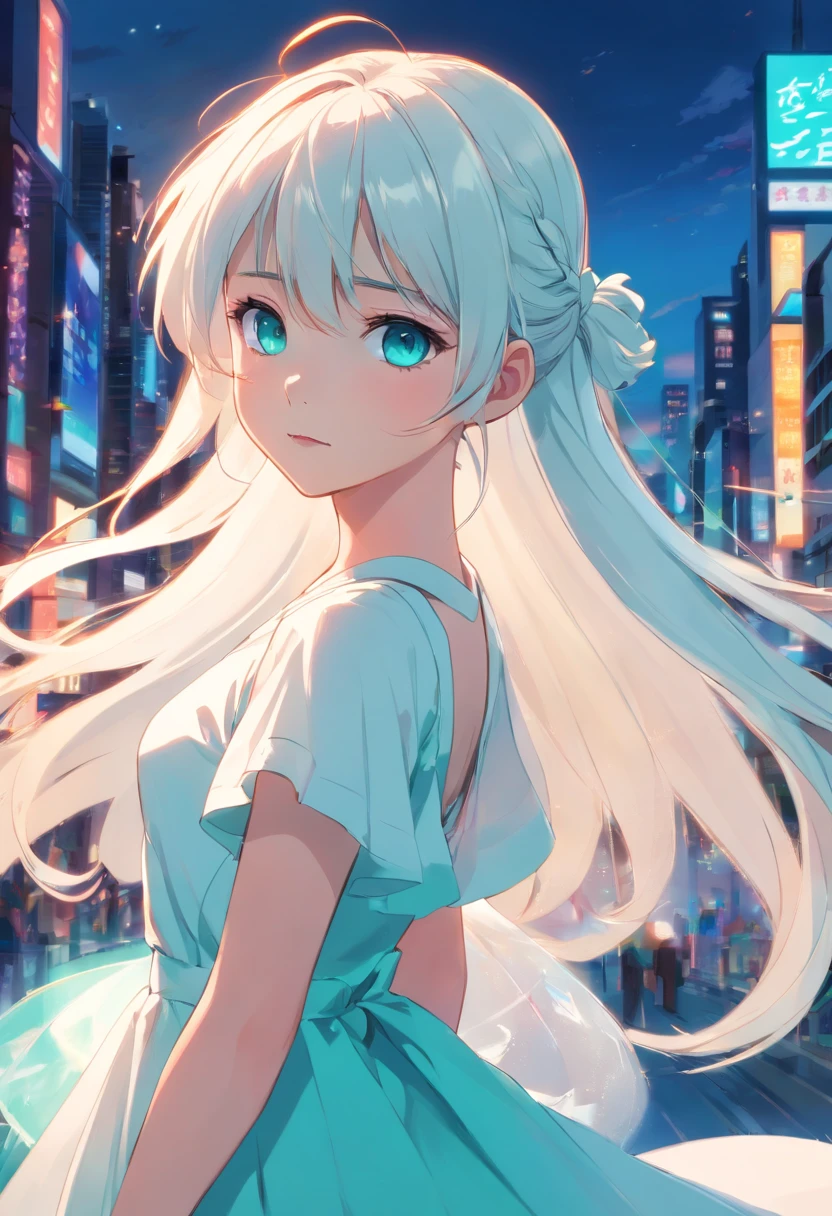 girl, teal eyes, white dress, long white hair with pigtails