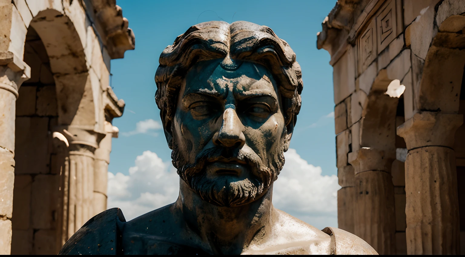 Ancient Stoic Statue With Very Angry Expression, tem barba, muitos detalhes em ambos os olhos, Outside, fundo atenas grego, open sky, com rosto extremamente detalhado full body view, Colors with low saturation with dark tone, Filmado em Sony A7S III com Sony FE 35mm f/1.8, 12.1 MP, --AR 3:2 --estilo cru