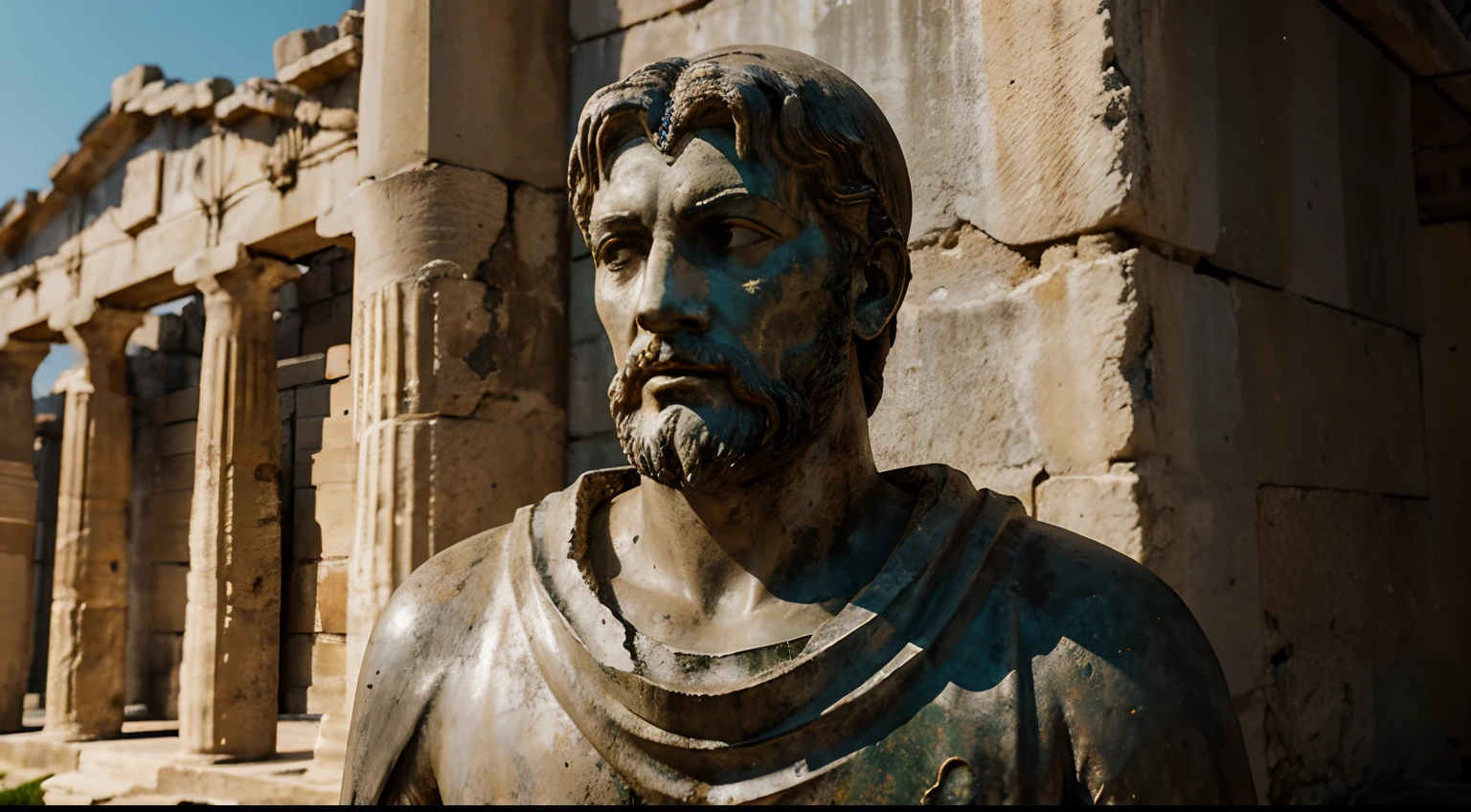 Ancient Stoic Statue With Very Angry Expression, tem barba, muitos detalhes em ambos os olhos, Outside, fundo atenas grego, open sky, com rosto extremamente detalhado full body view, Colors with low saturation with dark tone, Filmado em Sony A7S III com Sony FE 35mm f/1.8, 12.1 MP, --AR 3:2 --estilo cru