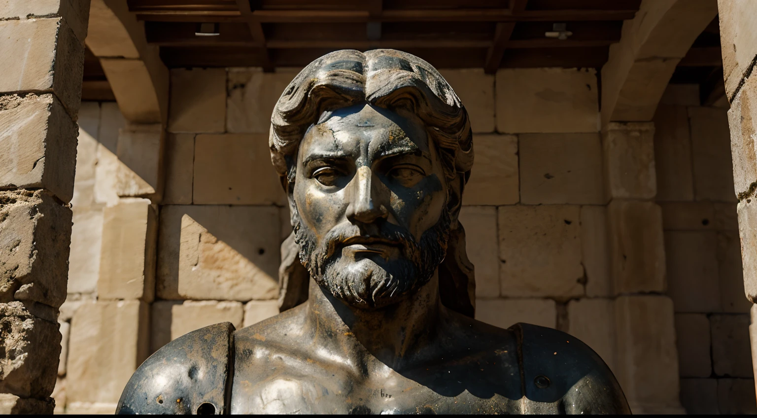 Ancient Stoic Statue With Very Angry Expression, tem barba, muitos detalhes em ambos os olhos, Outside, fundo atenas grego, open sky, com rosto extremamente detalhado full body view, Colors with low saturation with dark tone, Filmado em Sony A7S III com Sony FE 35mm f/1.8, 12.1 MP, --AR 3:2 --estilo cru