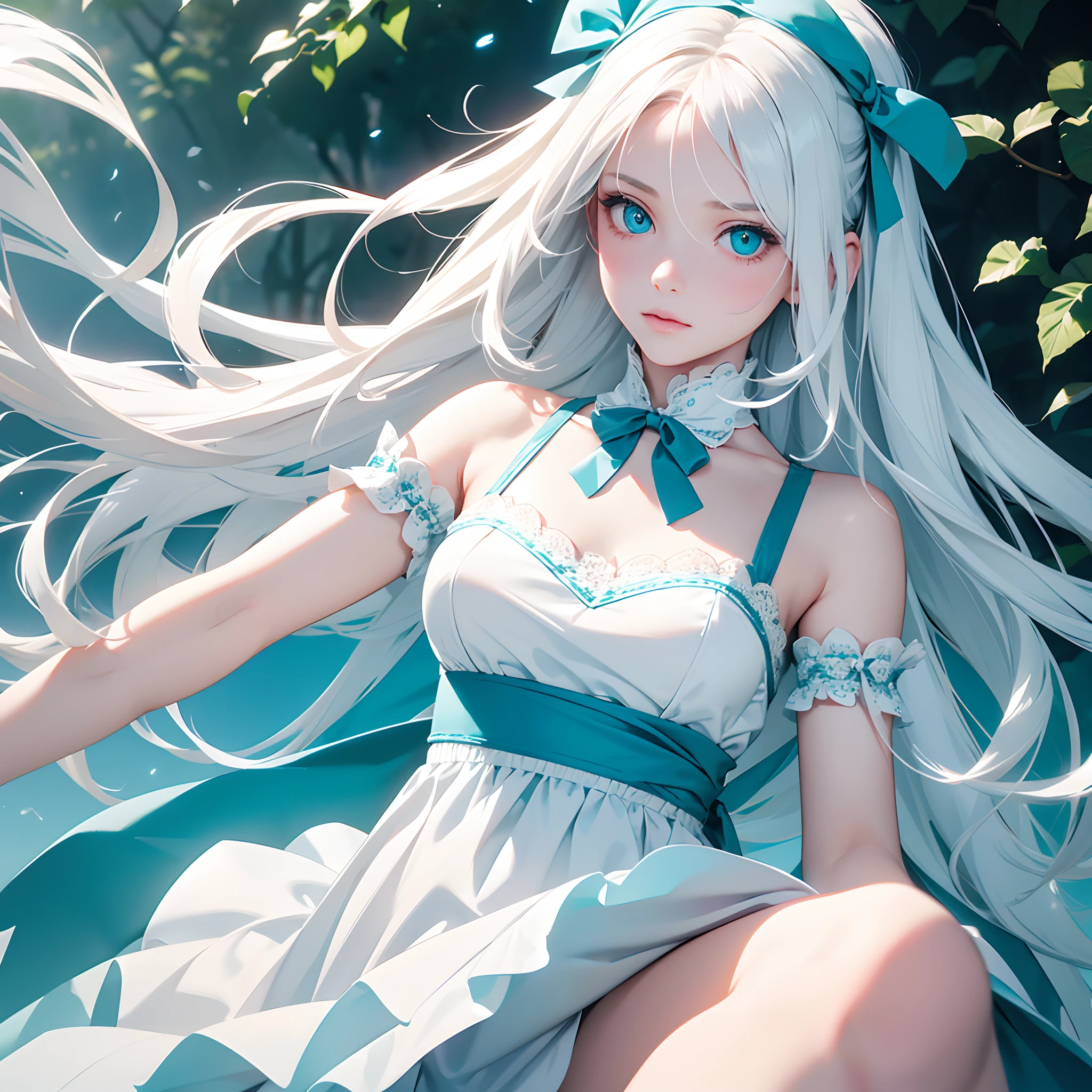 1girl,Albino, cute, beautiful, long hair, green eyes, wearing a white and blue dress, hair with a ribbon,((8k, UHD, ultra realistic))
