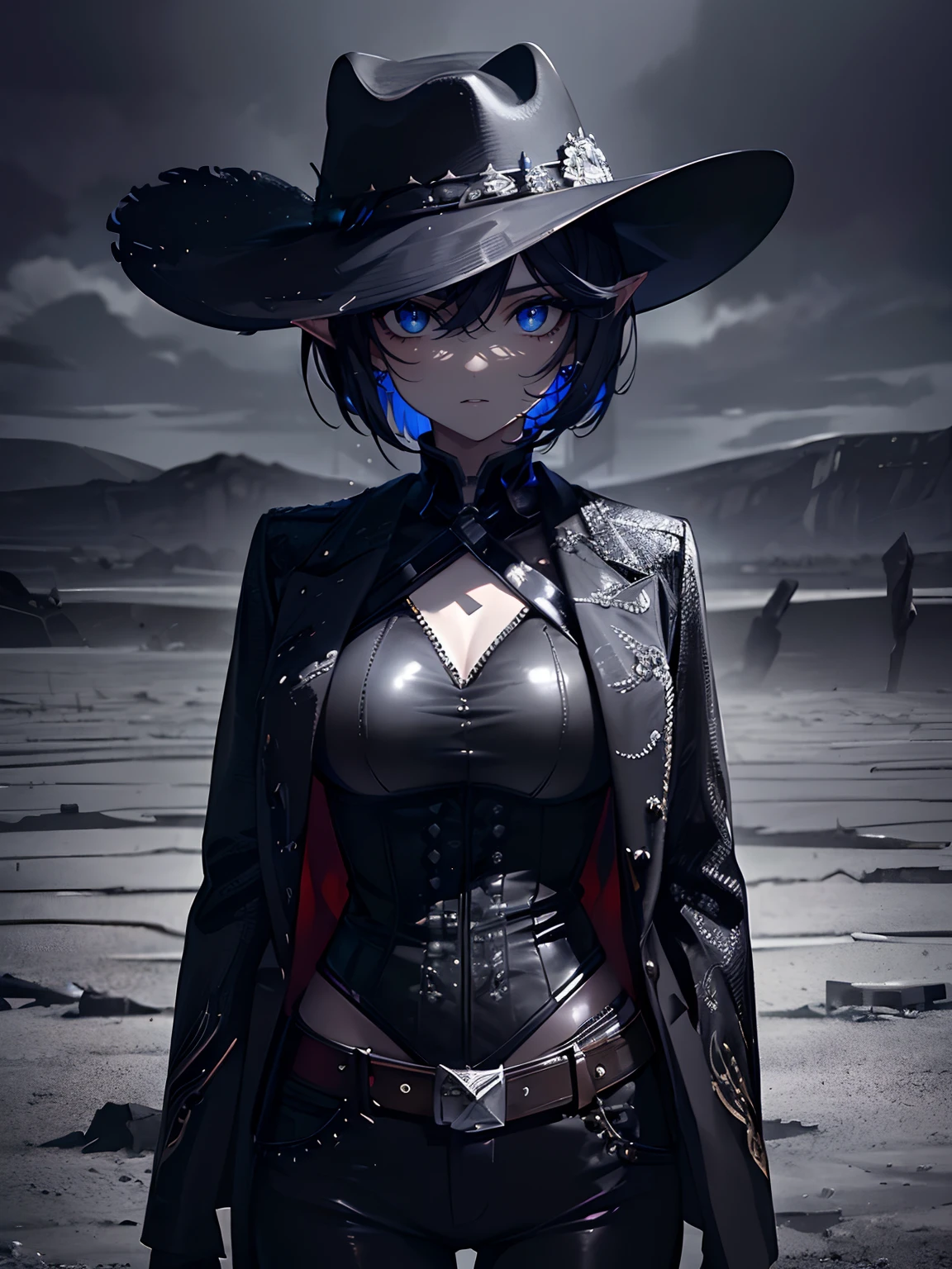 (masterpiece,best quality,ultra-detailed),1girl,short hair, cowboy hat, pointy ears,black cowboy suit, beautiful and detailed face, detailed eyes,in a desolate desert, cloudy, night, shadow, darkness(grey theme)