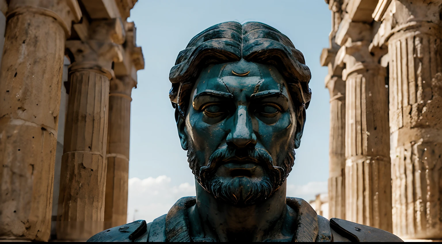 Ancient Stoic Statue With Very Angry Expression, tem barba, muitos detalhes em ambos os olhos, Outside, fundo atenas grego, open sky, com rosto extremamente detalhado full body view, Colors with low saturation with dark tone, Filmado em Sony A7S III com Sony FE 35mm f/1.8, 12.1 MP, --AR 3:2 --estilo cru