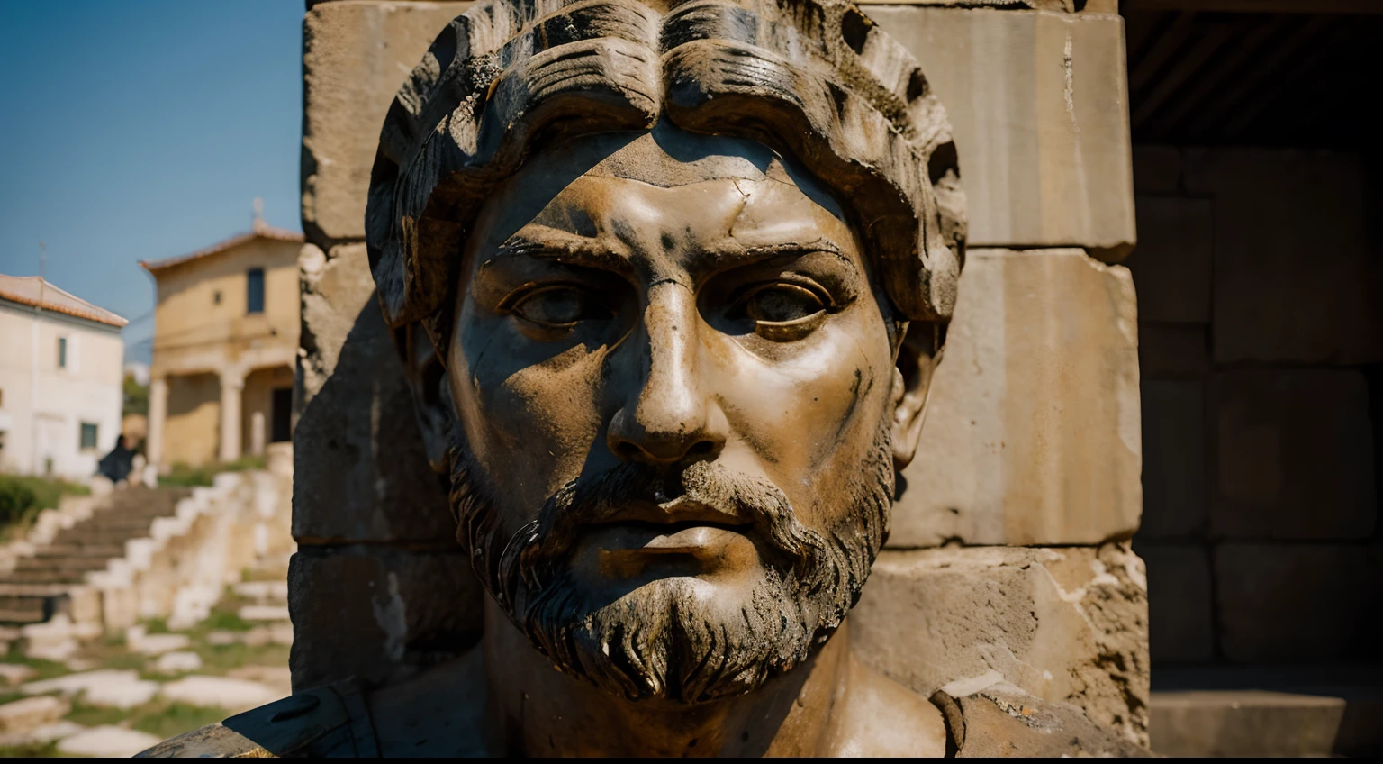 Ancient Stoic Statue With Very Angry Expression, tem barba, muitos detalhes em ambos os olhos, Outside, fundo atenas grego, open sky, com rosto extremamente detalhado full body view, Colors with low saturation with dark tone, Filmado em Sony A7S III com Sony FE 35mm f/1.8, 12.1 MP, --AR 3:2 --estilo cru