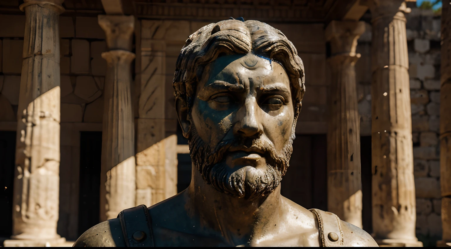 Ancient Stoic Statue With Very Angry Expression, tem barba, muitos detalhes em ambos os olhos, Outside, fundo atenas grego, open sky, com rosto extremamente detalhado full body view, Colors with low saturation with dark tone, Filmado em Sony A7S III com Sony FE 35mm f/1.8, 12.1 MP, --AR 3:2 --estilo cru
