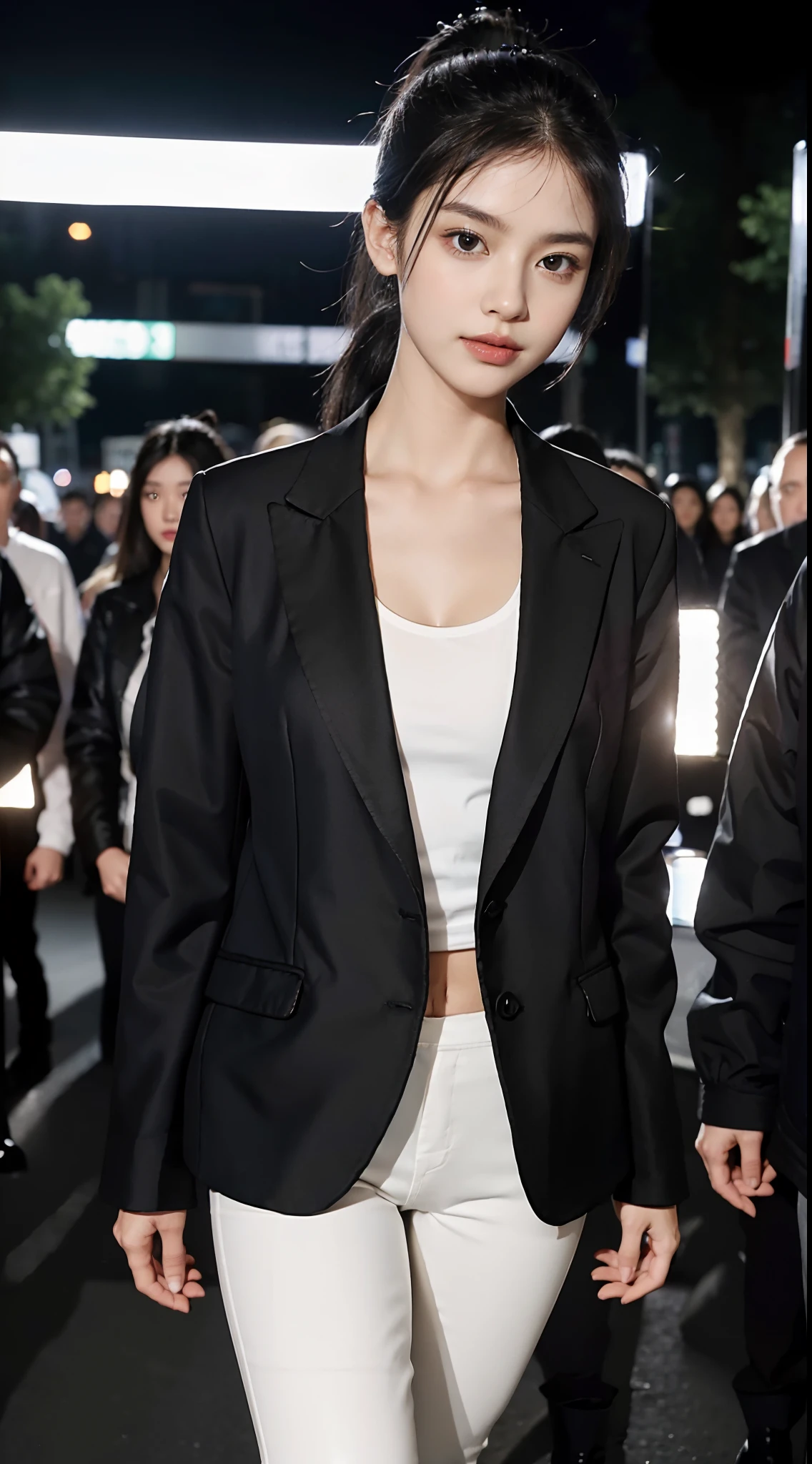 (shoulder length straight short black hair: 1.3), （Extremely meticulous CG 8k wallpaper），（Extremely refined and beautiful），（Masterpiece），（best qualtiy：1.0），（Ultra High Resolution：1.0），beautiful light up，Perfect lightning，realistic shaded，[A high resolution]，Smooth and flawless fair skin，Extremely exquisite facial details，（perfect body：1.1），ultra - detailed，A beautiful girl,small head,(short ponytail:1.2),(Small breasts:1.1),Flat chests，slim，thin，Smile，cheerfulness,(black jacket:1.5),(white shirt:1.4),(white pants:1.3),Slender legs,(black military boots:1.2),(nightfall:1.5),Sunset light,(Surrounded by a crowded crowd:1.5),At the school gate,standing,upper body,close shot