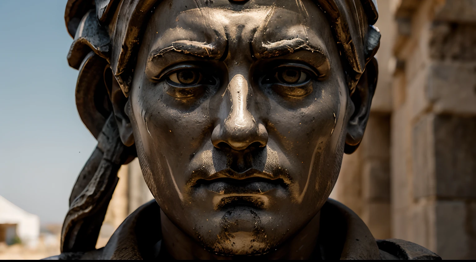 Ancient Stoic Statue With Very Angry Expression, tem barba, muitos detalhes em ambos os olhos, Outside, fundo atenas grego, open sky, com rosto extremamente detalhado full body view, Colors with low saturation with dark tone, Filmado em Sony A7S III com Sony FE 35mm f/1.8, 12.1 MP, --AR 3:2 --estilo cru