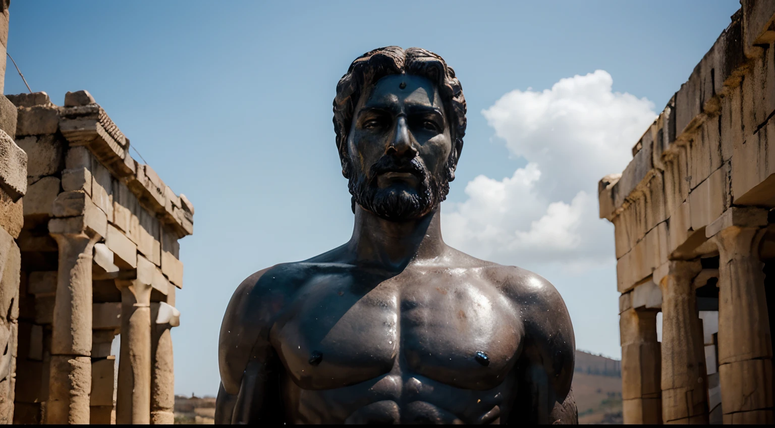 Ancient Stoic Statue With Very Angry Expression, tem barba, muitos detalhes em ambos os olhos, Outside, fundo atenas grego, open sky, com rosto extremamente detalhado full body view, Colors with low saturation with dark tone, Filmado em Sony A7S III com Sony FE 35mm f/1.8, 12.1 MP, --AR 3:2 --estilo cru