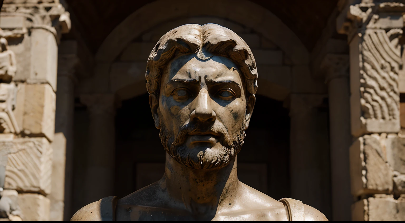 Ancient Stoic Statue With Very Angry Expression, tem barba, muitos detalhes em ambos os olhos, Outside, fundo atenas grego, open sky, com rosto extremamente detalhado full body view, Colors with low saturation with dark tone, Filmado em Sony A7S III com Sony FE 35mm f/1.8, 12.1 MP, --AR 3:2 --estilo cru