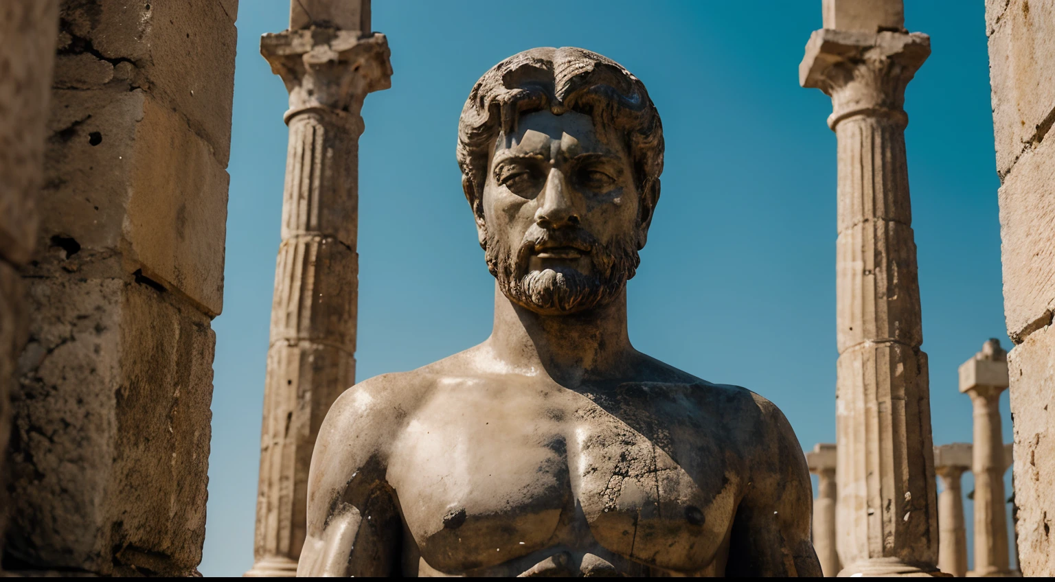 Ancient Stoic Statue With Very Angry Expression, tem barba, muitos detalhes em ambos os olhos, Outside, fundo atenas grego, open sky, com rosto extremamente detalhado full body view, Colors with low saturation with dark tone, Filmado em Sony A7S III com Sony FE 35mm f/1.8, 12.1 MP, --AR 3:2 --estilo cru