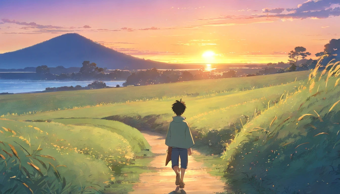 trilha que leva a uma aldeia, Boy walks and admires the sunset in the 18th century