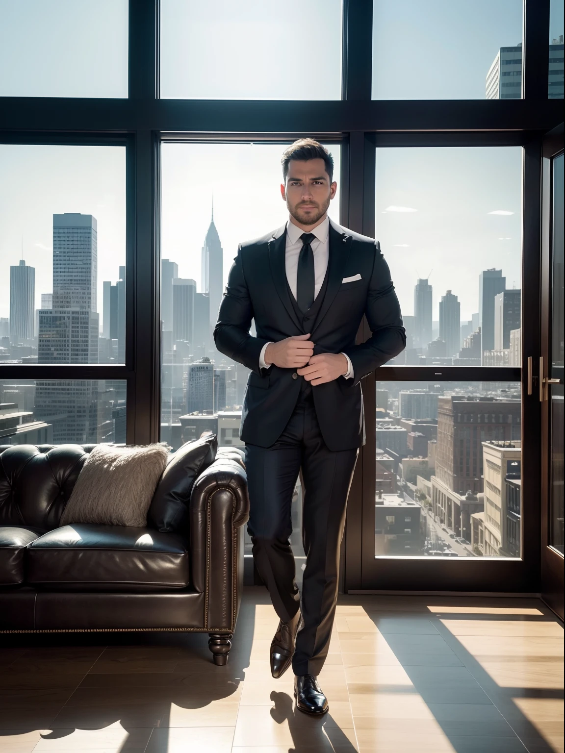 (best quality,4k,8k,highres,masterpiece:1.2),ultra-detailed,(realistic,photorealistic,photo-realistic:1.37),portrait,dark suit,tie,confident expression,beautiful detailed eyes,distinguished facial features,well-groomed hair,professional attire,upscale background,luxurious mansion,expensive-looking furniture,impressive interior design,stylish decor,expansive windows,city skyline view,expertly crafted lighting,natural sunlight streaming in,vibrant colors,sharp focus,expressive shadows,reflections on polished surfaces,luxurious color palette,mood lighting providing depth and dimensionality