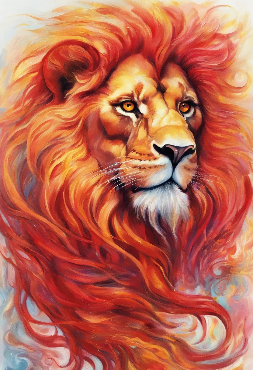 big fiery lion with red wings with yellow details, red mane