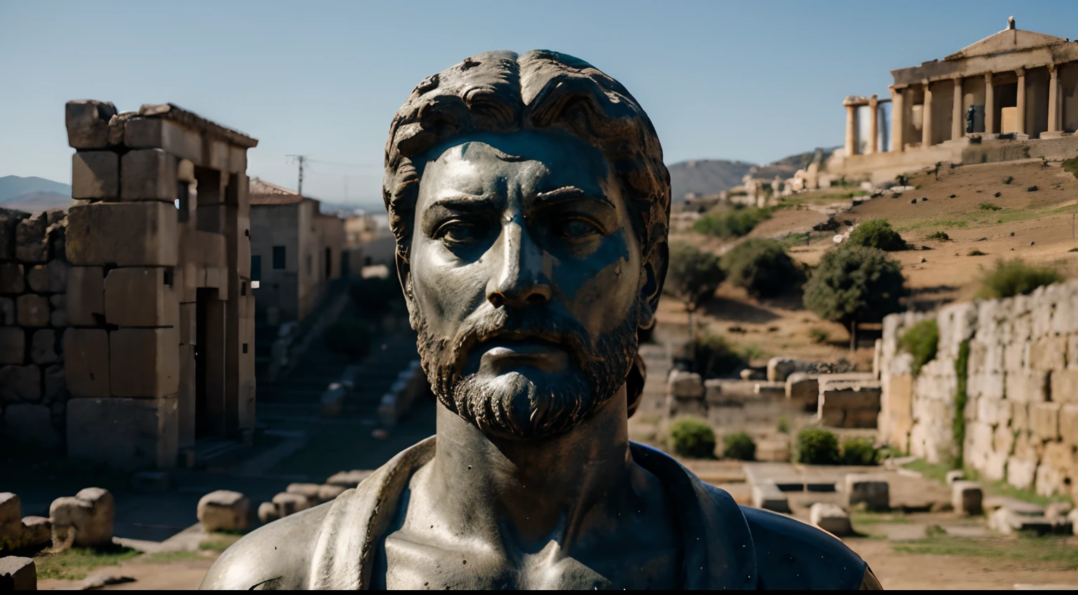 Ancient Stoic Statue With Very Angry Expression, tem barba, muitos detalhes em ambos os olhos, Outside, fundo atenas grego, open sky, com rosto extremamente detalhado full body view, Colors with low saturation with dark tone, Filmado em Sony A7S III com Sony FE 35mm f/1.8, 12.1 MP, --AR 3:2 --estilo cru