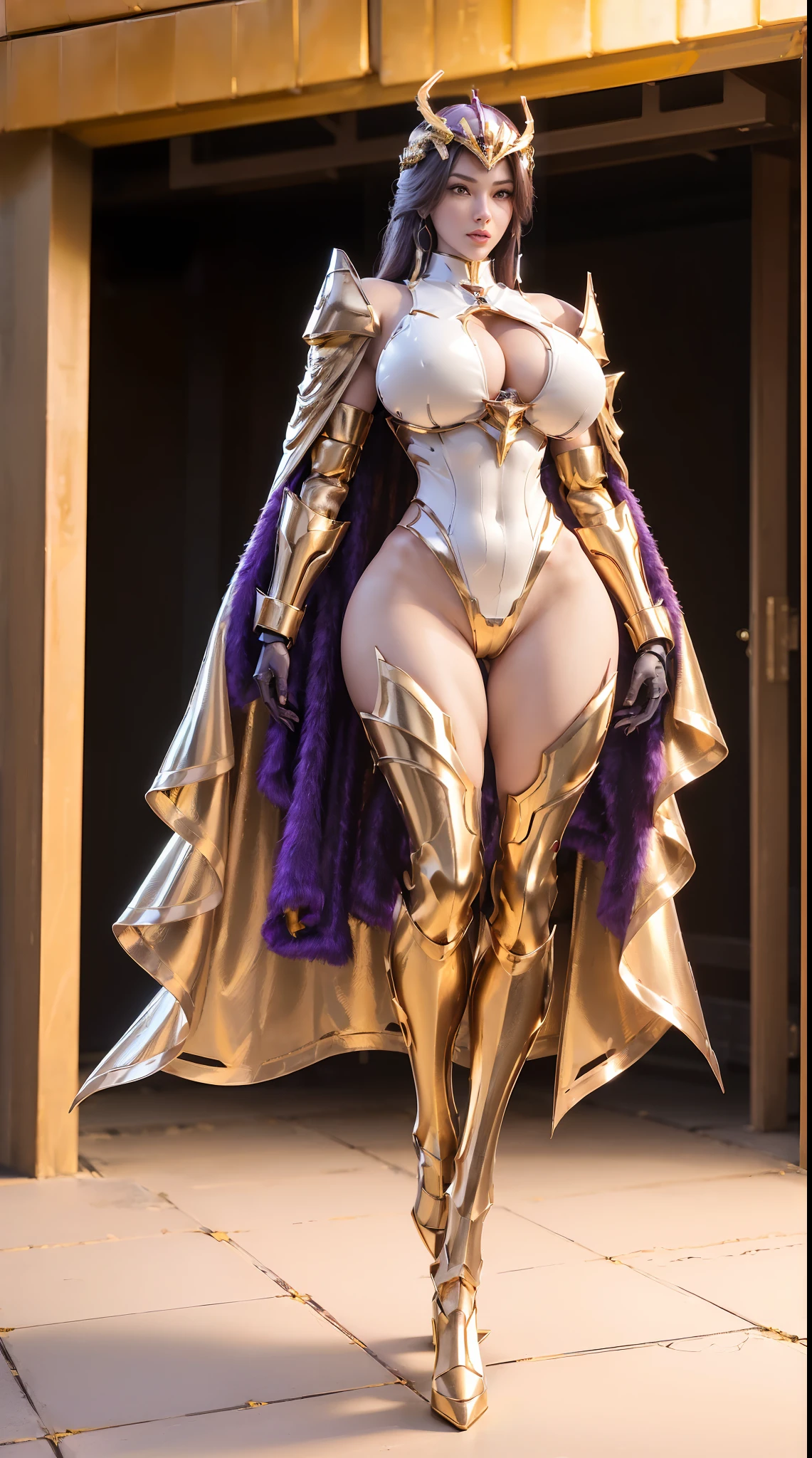 (1GIRL), (ssmile, red_libs, dark_hair, super detailed face), (phoenix mecha helmet:1.2), (BIG BUTTOCKS, HUGE BOOBS:1.4), (PHOENIX MECHA GUARD ARM, GLOVES:1.3), (purple,black,gold, MECHA CYBER SHINY ARMORED SUIT, ROYAL CAPE, CLEAVAGE, MECHA SKINTIGHT HOTPANTS, GUARD ARMOR LEGS, HIGH HEELS:1.4), (NSFW MUSCULAR BODY, SEXY LONG LEGS, FULL BODY:1.5), (MUSCLE ABS:1.2), (LOOKING AT VIEWER:1.2), (WALKING DOWN HALLWAY OF FUTURISTIC SPACE STATION, BRIGHT LIGHTING:1), PHYSICALLY-BASED RENDERING, ULTRA HIGHT DEFINITION, 16K, 1080P.