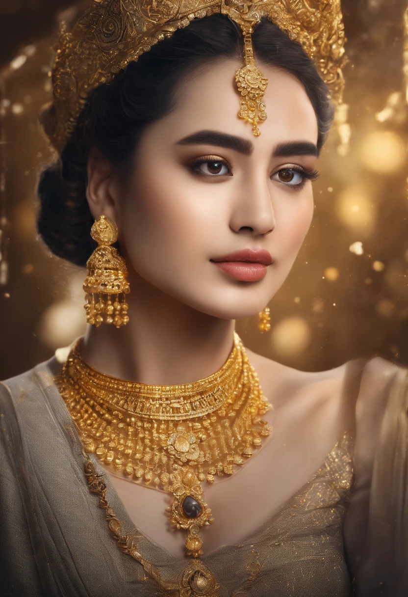 A woman in a gray dress and a gold necklace stands in the city, wearing gold jewellery, wearing elegant jewellery, Gold jewelry, wearing gold detailed choker, gold jewerly, wearing a gold chain, Gold necklace, gold jewels, high quality portrait, Wearing jewelry, Stylish, wearing gold chain, wearing several pendants, amber jewelry, necklace, jewelry photography, golden jewelery,k hd,8K,Master masterpieces,(Plump and plump:1.3),(Milky dew:1.3)Detailed details of the face,Sony SLR,Close-up,Full body photo,Look up,电影灯光