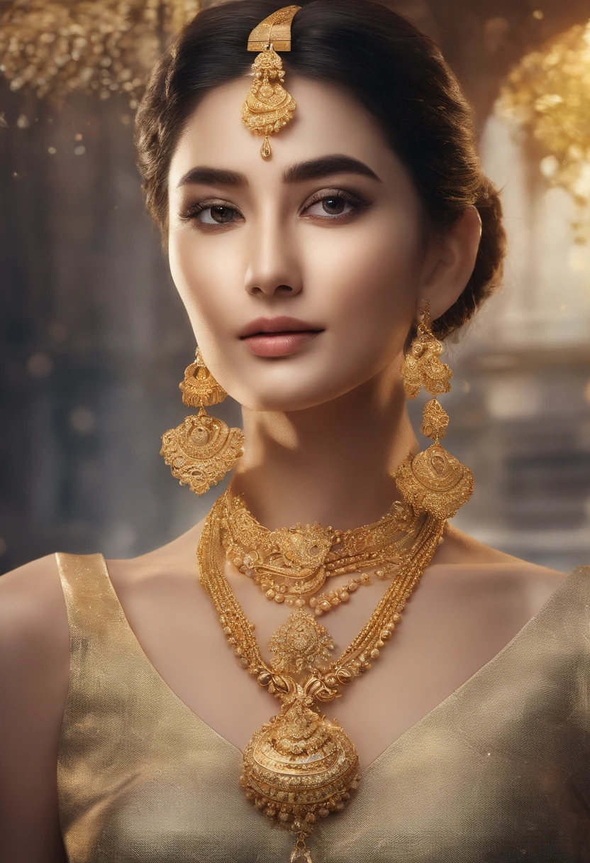 A woman in a gray dress and a gold necklace stands in the city, wearing gold jewellery, wearing elegant jewellery, Gold jewelry, wearing gold detailed choker, gold jewerly, wearing a gold chain, Gold necklace, gold jewels, high quality portrait, Wearing jewelry, Stylish, wearing gold chain, wearing several pendants, amber jewelry, necklace, jewelry photography, golden jewelery，k hd，8K，Master masterpieces，（Plump and plump：1.3），（Milky dew：1.3）Detailed details of the face，Sony SLR，Close-up，Full body photo，Look up，电影灯光