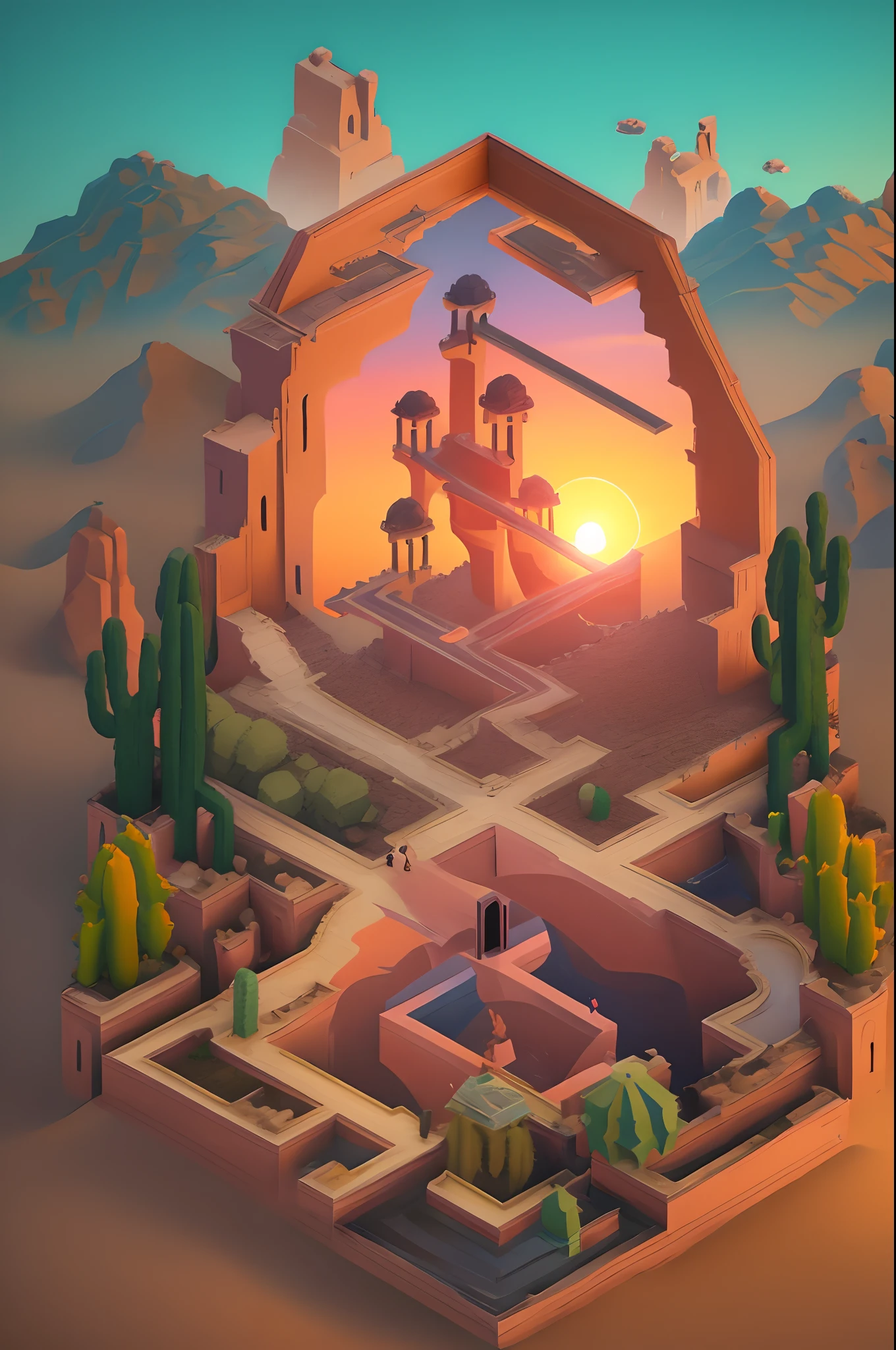 Landscape painting, Flowers in the desert, Giant cactus, Fractal portal to another perfect world, monument valley,HighestQuali, Perfect background, Sunset light reflection