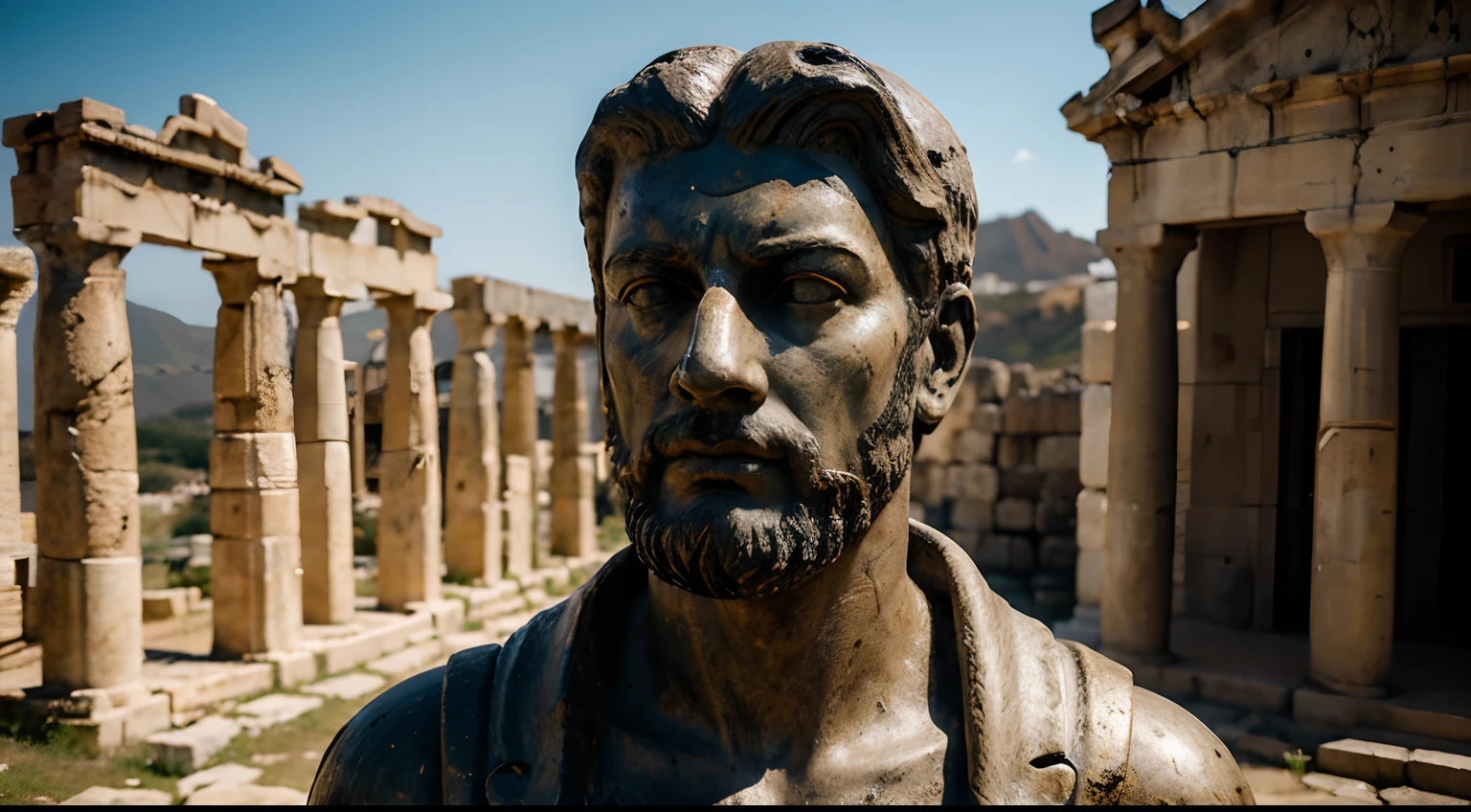 Ancient Stoic Statue With Very Angry Expression, tem barba, muitos detalhes em ambos os olhos, Outside, fundo atenas grego, open sky, com rosto extremamente detalhado full body view, Colors with low saturation with dark tone, Filmado em Sony A7S III com Sony FE 35mm f/1.8, 12.1 MP, --AR 3:2 --estilo cru