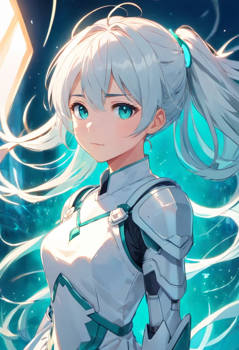 girl, teal eyes, white dress and armor, long white hair with pigtails, style manga
