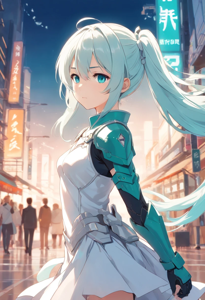 girl, teal eyes, white dress and armor, long white hair with pigtails, style manga