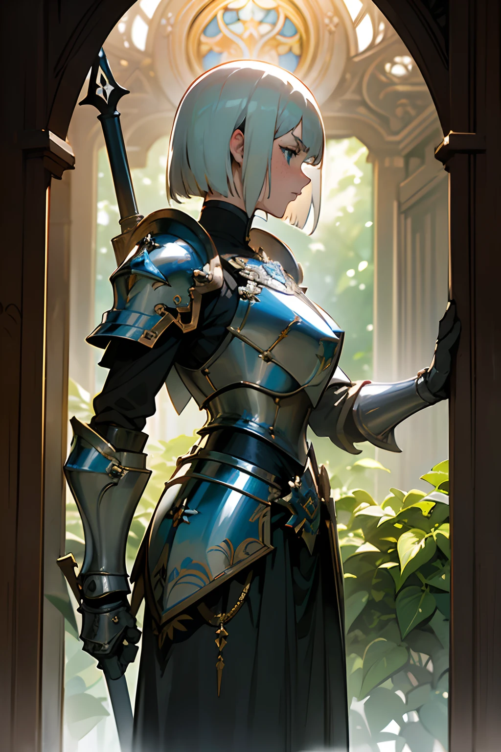 extremely detailed CG unity 8k wallpaper) full shot body photo of a devout sister of battle, portrait, action scene, ((extreme close up:1. 4)), beautiful sister of battle woman holding a standing in front of a stained glass window, (blush), ((air tank on back)), ((fleur de lys armor)), ((fleur de lys face tattoo:1. 2)), ((purity seals on armor)), (bangs), (freckles:0. 9), detailed symmetrical face, ((white hair:1. 4)), (bob cut hair), (ice blue eyes), reflective eyes, dark eyebrows, mascara, makeup, (dark lipstick), (warhammer power armor), ((intricate sisters of battle power armor:1. 2)), (red pelvic curtain:1. 2), ((red armor:1. 4)), sci fi nun armor, ((black armor)) (matte armor), drawn in warhammer 40k style, (vines and ivy), marble walls, dust particles, detailed lighting, rim lighting, dramatic lighting, chiaroscuro, (from side), from above, professional majestic impressionism oil painting by Waterhouse, John Constable, Ed Blinkey, Atey Ghailan, Studio Ghibli, by Jeremy Mann, Greg Manchess, Antonio Moro, trending on ArtStation, trending on CGSociety, Intricate, High Detail, dramatic, makoto shinkai kyoto, trending on artstation, trending on CGsociety