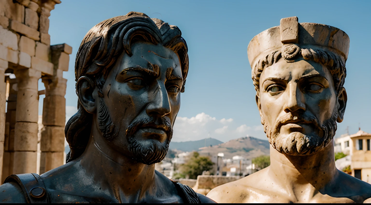Ancient Stoic Statue With Very Angry Expression, tem barba, muitos detalhes em ambos os olhos, Outside, fundo atenas grego, open sky, com rosto extremamente detalhado full body view, Colors with low saturation with dark tone, Filmado em Sony A7S III com Sony FE 35mm f/1.8, 12.1 MP, --AR 3:2 --estilo cru