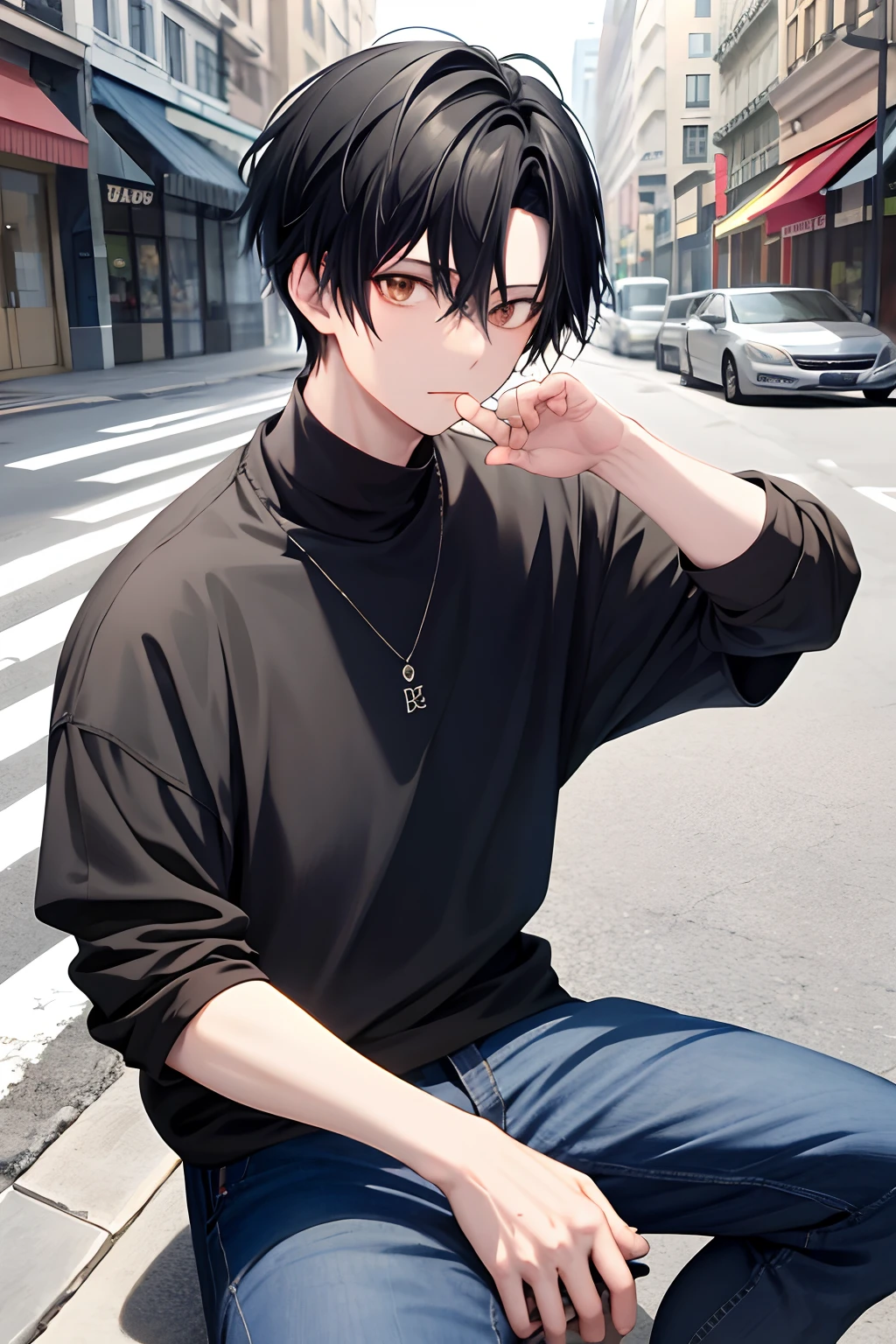 Kpop Boy, black hair, fade cut, poser, sitting, outside street