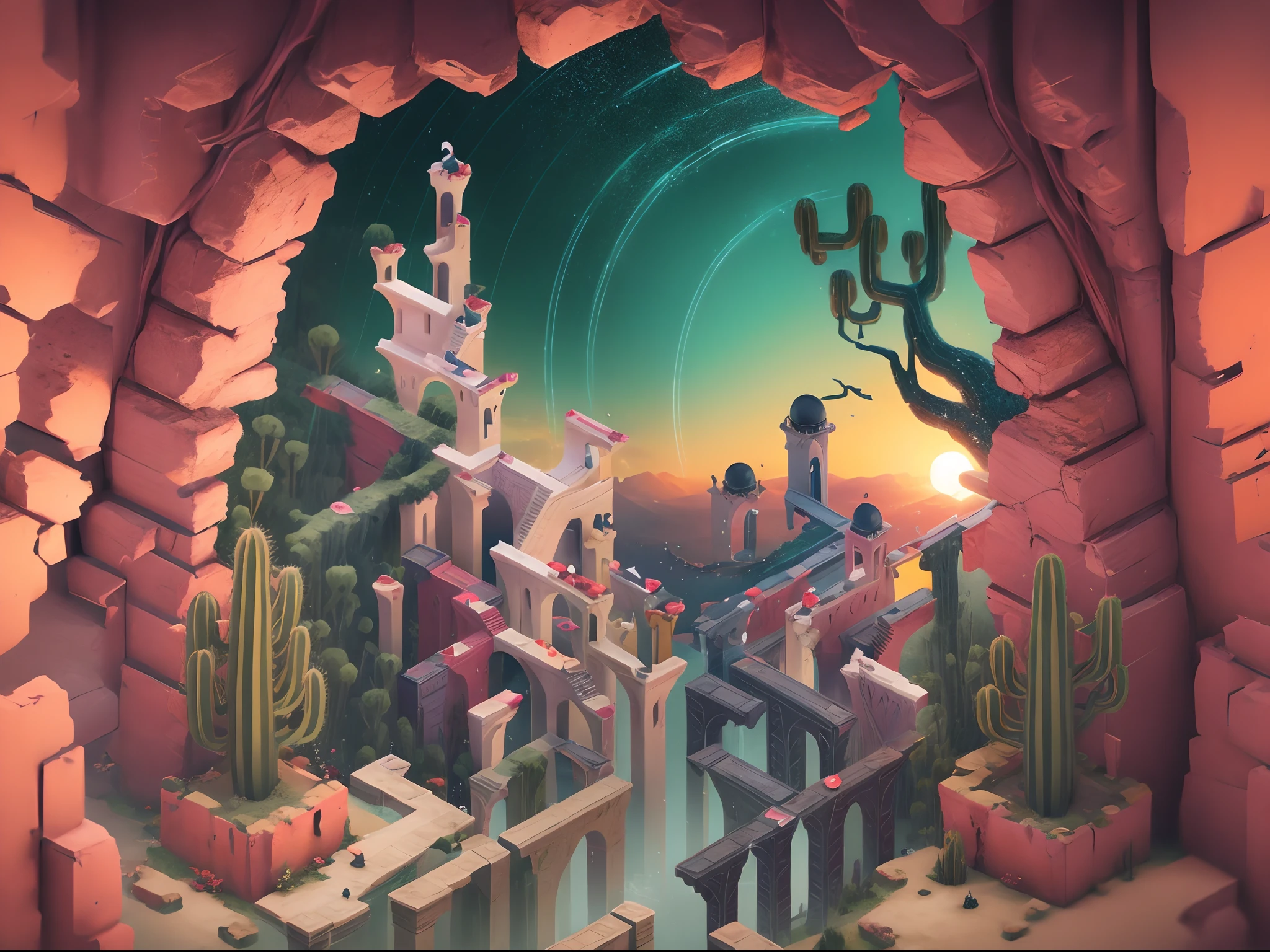 Canyon view, Flowers in the desert, Giant cactus, An arched portal to another perfect world, US West, (monument valley:1.5), (paradox, geomerty), tile, Brown tiles, Dome, Onion dome, Brown onion dome, stairways, Buttress,arch bridges, Light brown background, Door, Brown walls, foco nítido, (hdr), (8K), (gigapixel), ((Masterpiece))，HighestQuali, Perfect background, Sunset light reflection