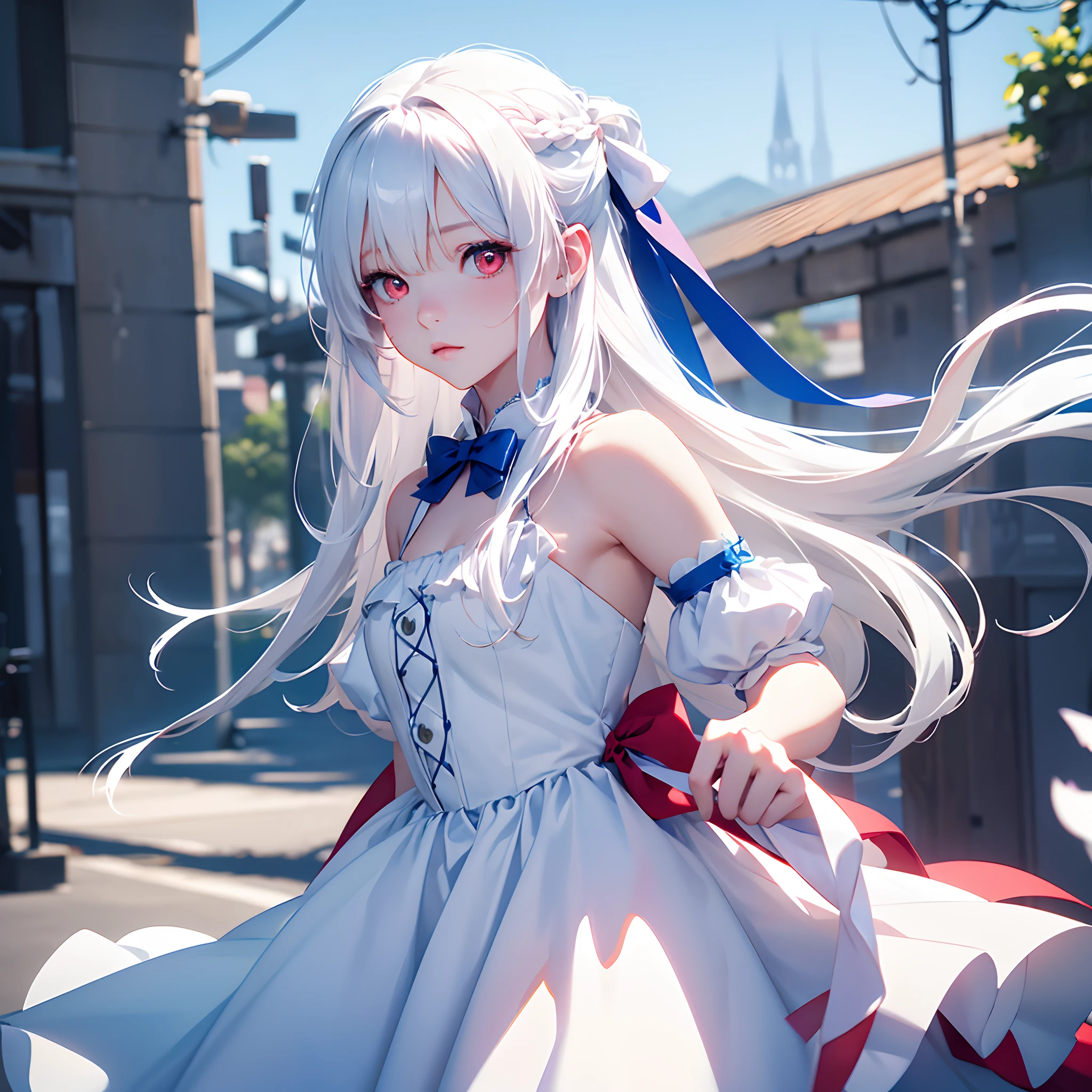 1girl,Albino, cute, beautiful, long hair,red eyes, wearing a white and blue dress, hair with a ribbon,((8k, UHD, ultra realistic))