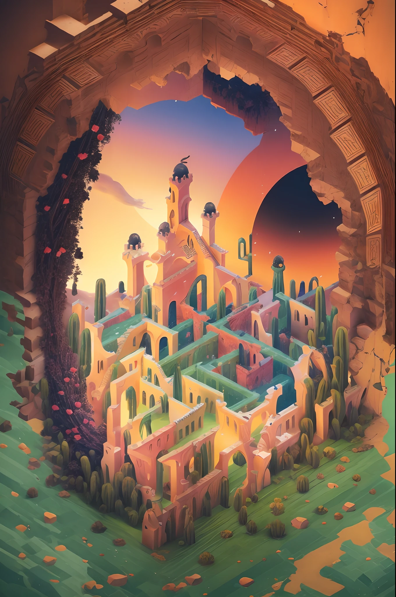 Canyon view, Flowers in the desert, Giant cactus, An arched portal to another perfect world, US West, (monument valley:1.5), (paradox, geomerty), tile, Brown tiles, Dome, Onion dome, Brown onion dome, stairways, Buttress,arch bridges, Light brown background, Door, Brown walls, foco nítido, (hdr), (8K), (gigapixel), ((Masterpiece)),HighestQuali, Perfect background, Sunset light reflection
