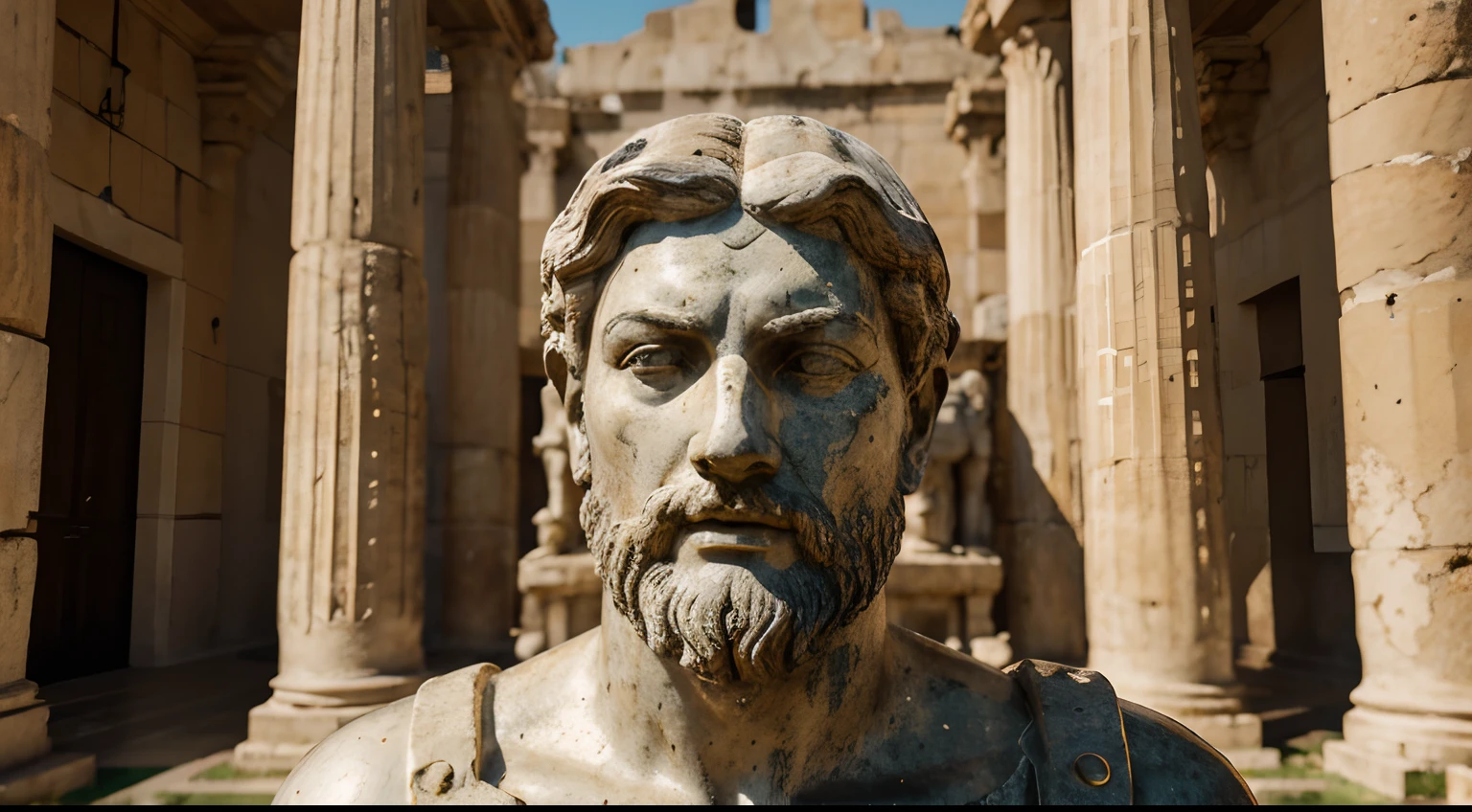 Ancient Stoic Statue With Very Angry Expression, tem barba, muitos detalhes em ambos os olhos, Outside, fundo atenas grego, open sky, com rosto extremamente detalhado full body view, Colors with low saturation with dark tone, Filmado em Sony A7S III com Sony FE 35mm f/1.8, 12.1 MP, --AR 3:2 --estilo cru
